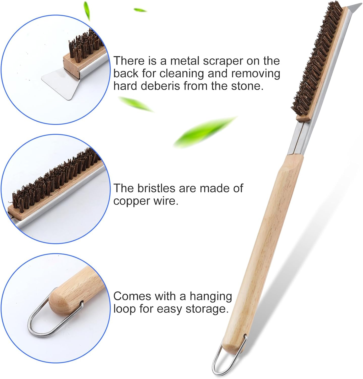 Pizza Oven Brush with Scraper Long Handle, 21.9Inch Long Pizza Oven Brush with Coconut Fibre Bristles for Outdoor Pizza Ovens with Hanging Ring, Easy to Install image number 2