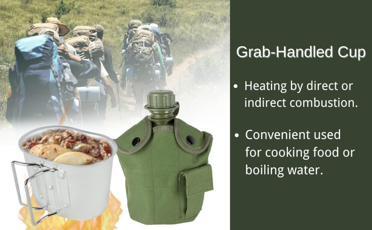 Begrit Military Canteen Army Canteen WWII Canteen Kit with Aluminum Cup Stainless Steel Foldable Spoon Fork for Hiking Backpacking Camping, 1 Quart image number 2