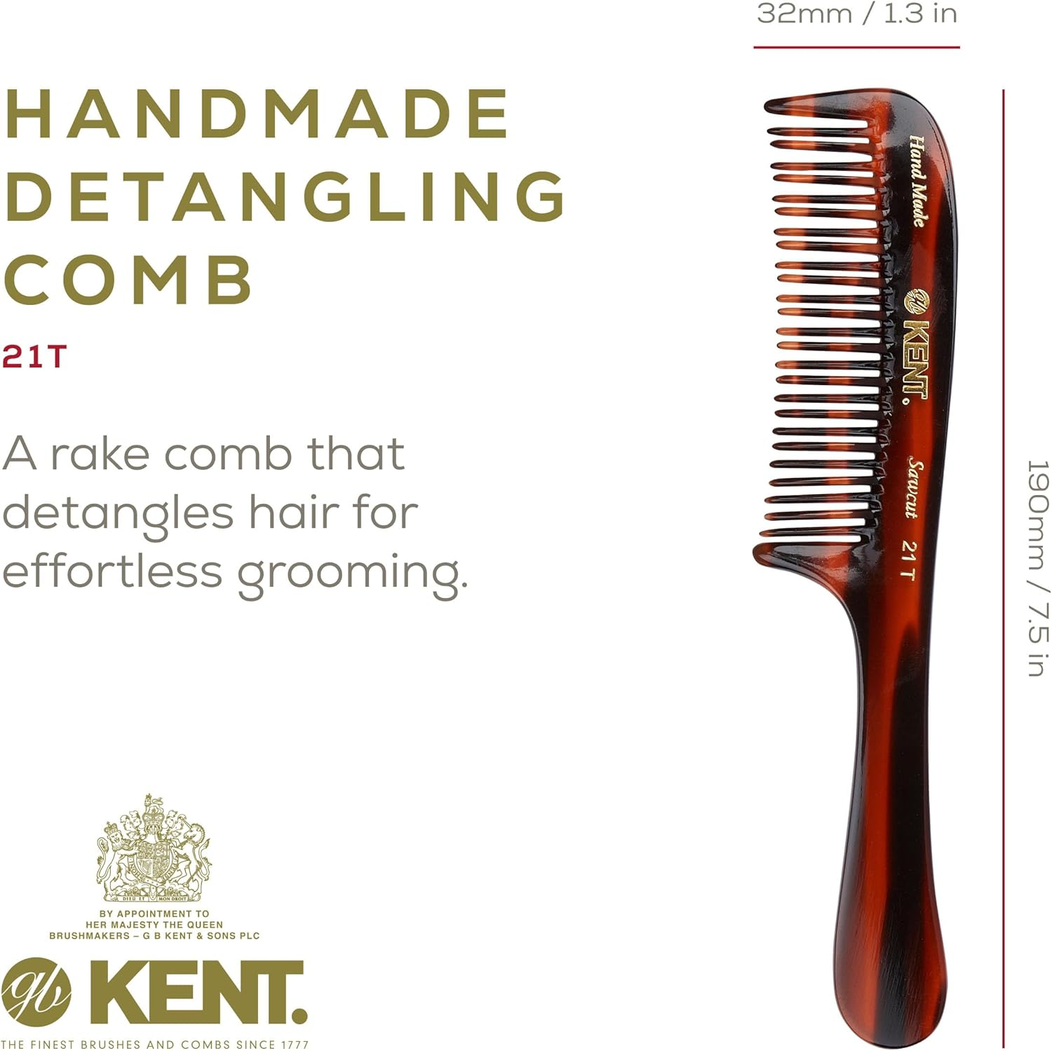 Kent 21T Large Hair Detangling Comb, Double Teeth Wide Tooth Comb for Curly Wavy Hair, Saw-Cut and Handmade (7.5") image number 3