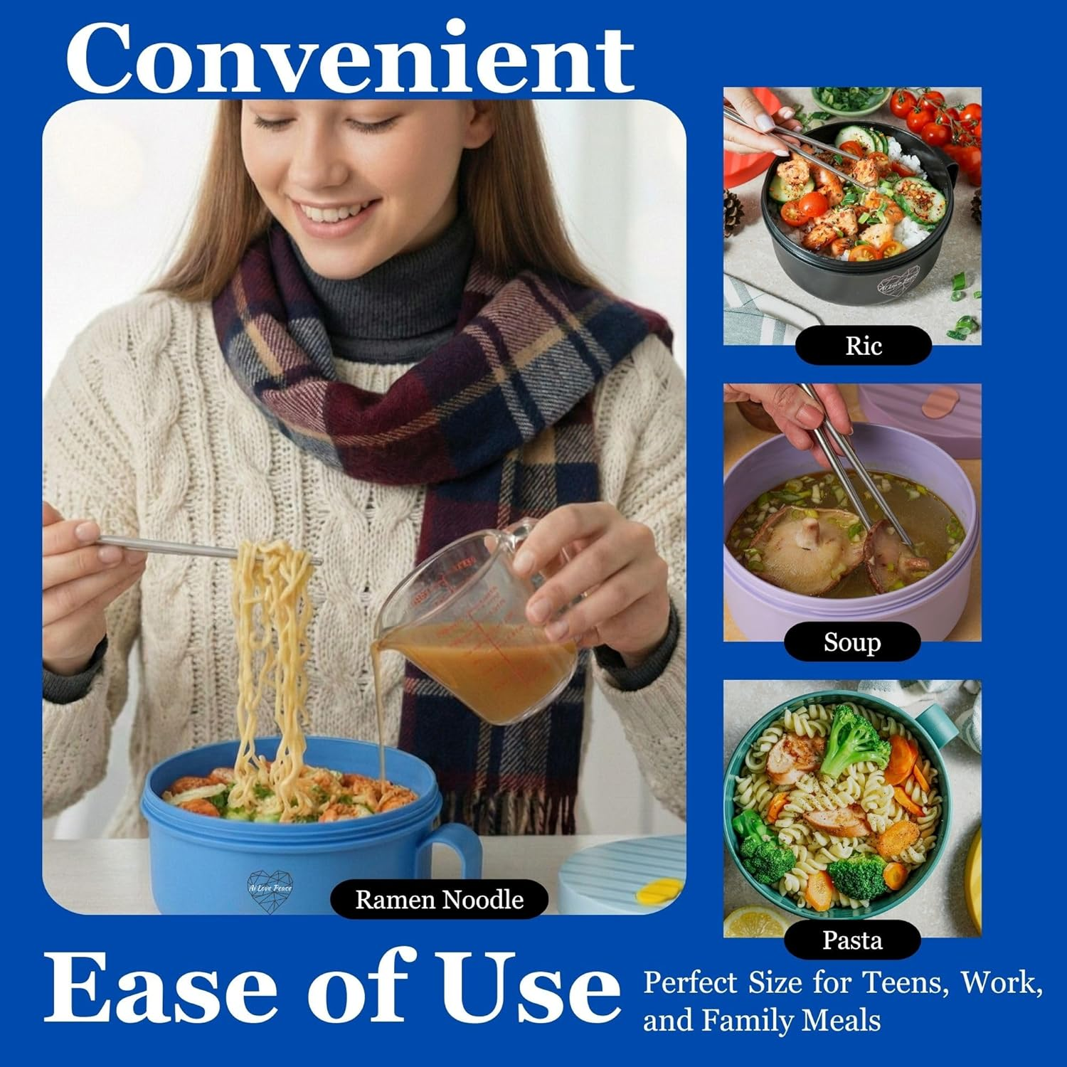 Ai Love Peace Ramen Bowl, 40 Oz Microwaveable Noodle Cooker for Ramen, Pho, Soup, and Pasta, Dishwasher Safe and Portable, Ideal for Home, Office, Dorm, or Gift (Blue) image number 4