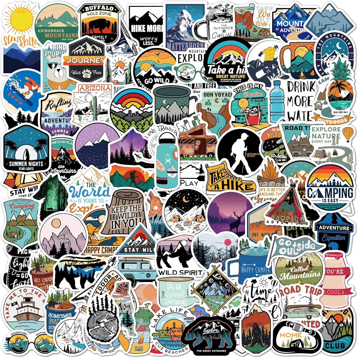 Pack of 100 Outdoor Stickers, Vsco Camping Stickers, Camping Adventure, Waterproof Vinyl Stickers for Laptop, Suitcase, Motorcycle, Skateboard, Car, Luggage