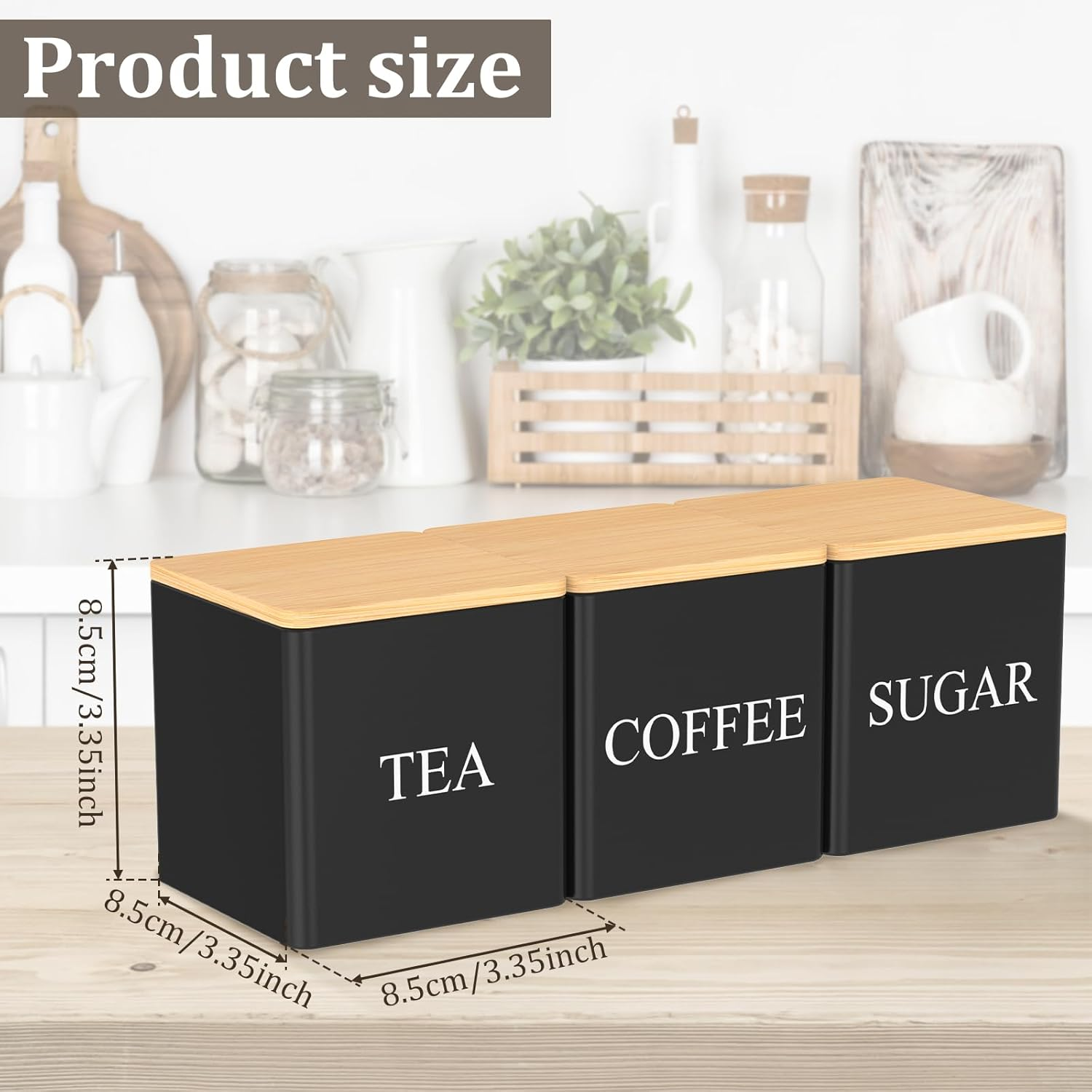 3Pcs Tea Sugar Coffee Canister Set with Bamboo Lids, Large Capacity Tea Sugar Coffee Container Set Sealed Space Saving Jar Set (Black) image number 4
