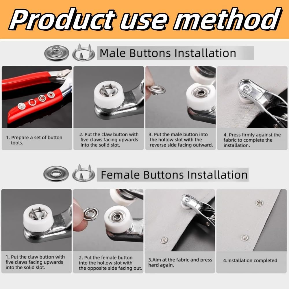Jindizi 200 Pairs Metal Snap Buttons Kit, Prong Snaps Buttons with Fastener Pliers Press Tool, DIY Sewing Button Set for Garment Sewing and Crafts image number 3