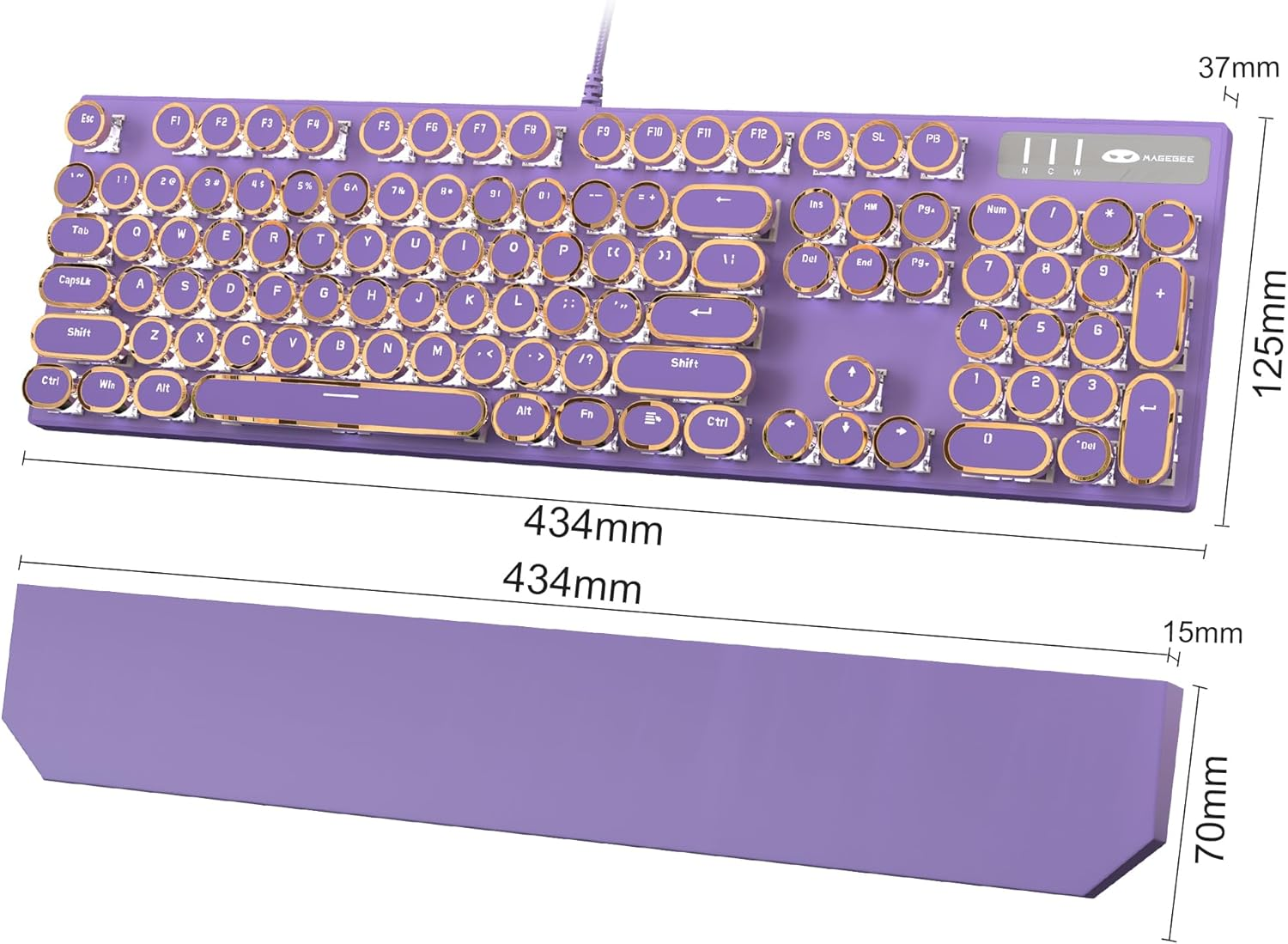 Magegee Typewriter Mechanical Gaming Keyboard, Retro Punk Purple round Keycaps, 104 Keys LED White Backlit Wired Keyboards for Laptop MAC PC Gamer, with Magnetic Wrist Rest, Blue Switch image number 5