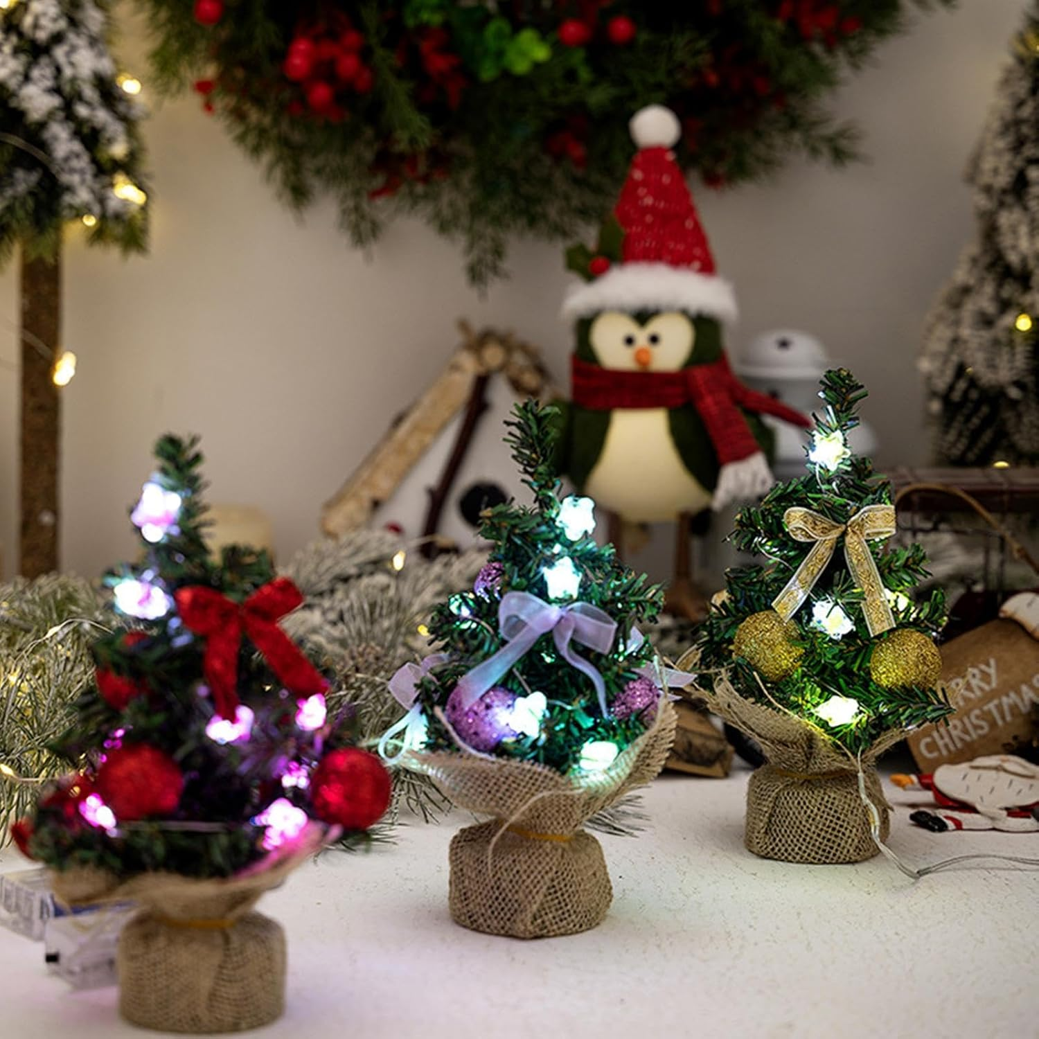 Table Top Lighted Christmas Tree | 3X Green Tabletop Christmas Tree | Burlap Base Design Small Artificial Festival Lights for Dining Room image number 2