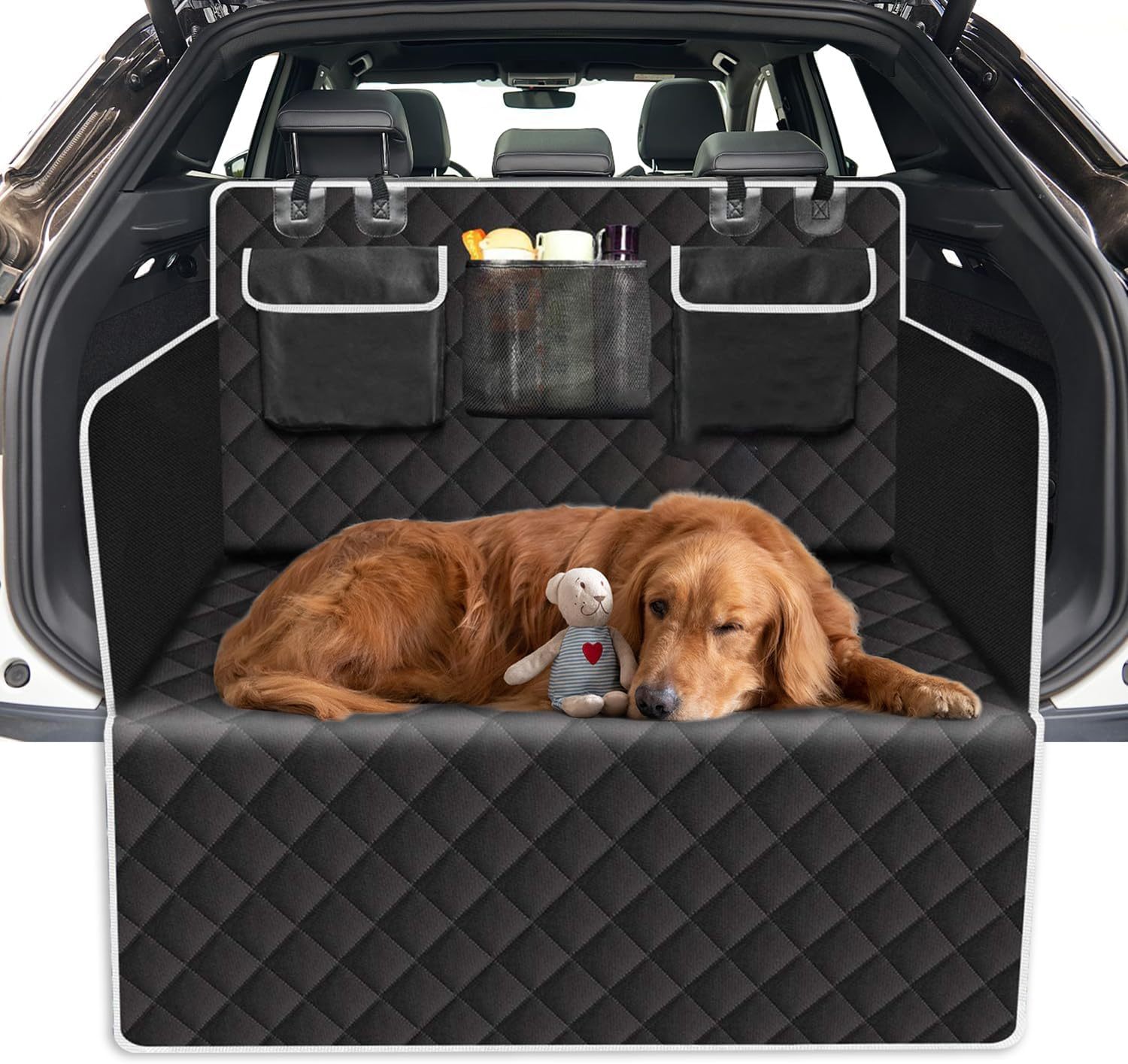 Dog Car Seat Protector for Back Seat, Car Boot Liners for Dogs，With 3 Organizer Pockets and Side Flaps. Dog Car Seat Covers, Non-Slip, Waterproof, Large Size for All Cars, Trucks and Suvs
