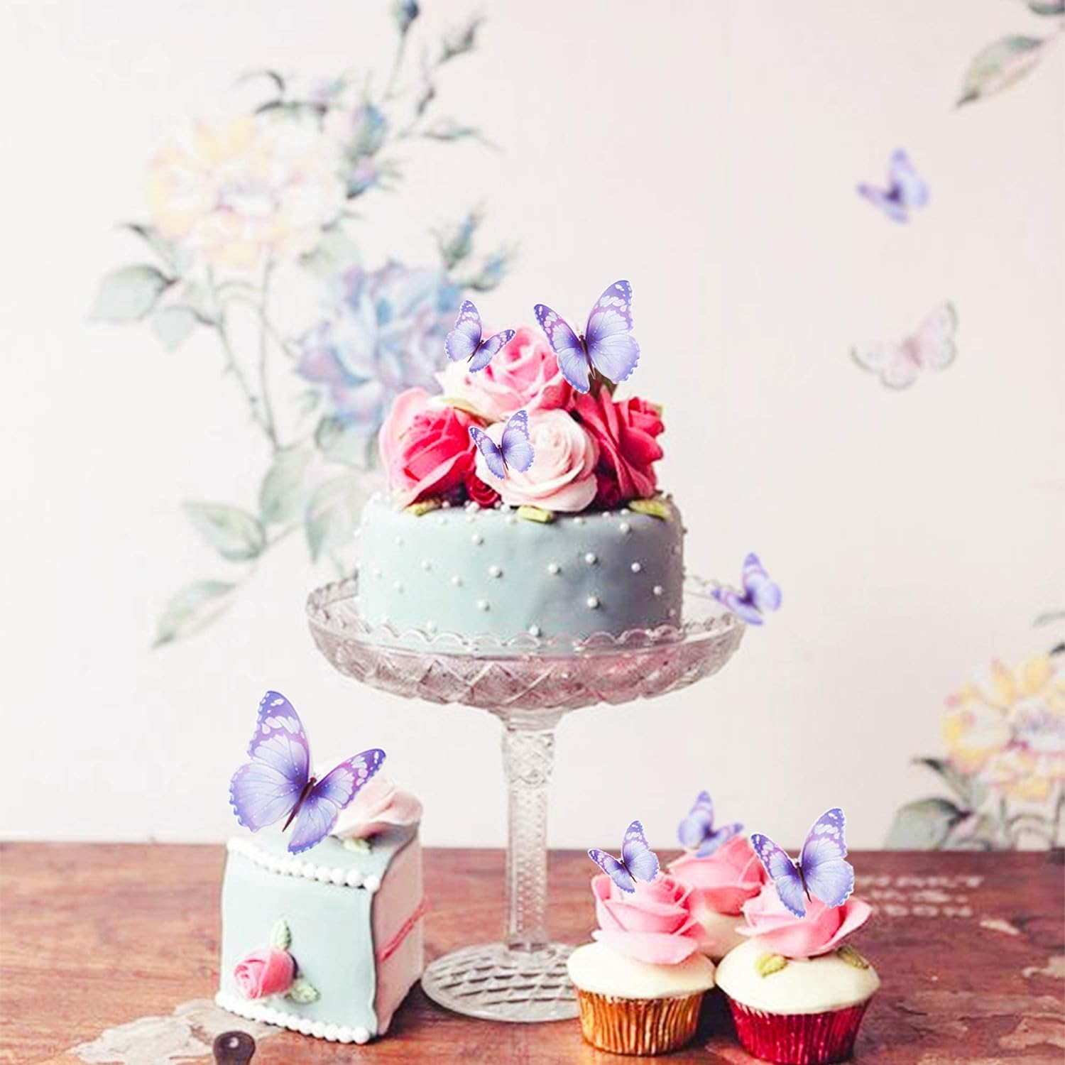 30Pcs Bule Purple Mixed Size Lively 3D Butterfly Cupcake Topper for Girls Women'S Happy Birthday Wedding Party Cake Wall Party Food Decorations