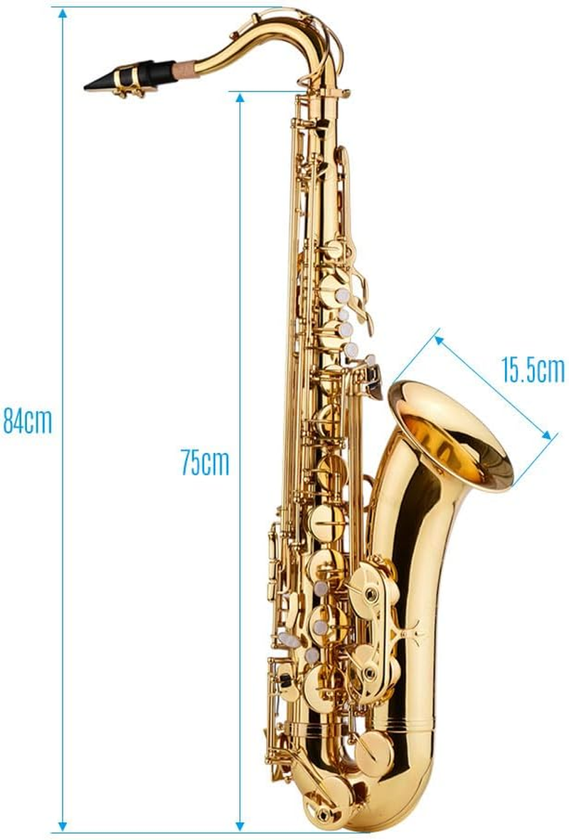 Tignapoo Bb Tenor Saxophone Sax Brass Body Gold Lacquered Surface Woodwind Instrument with Carry Case Gloves Cleaning Cloth Brush Sax Neck Straps image number 1