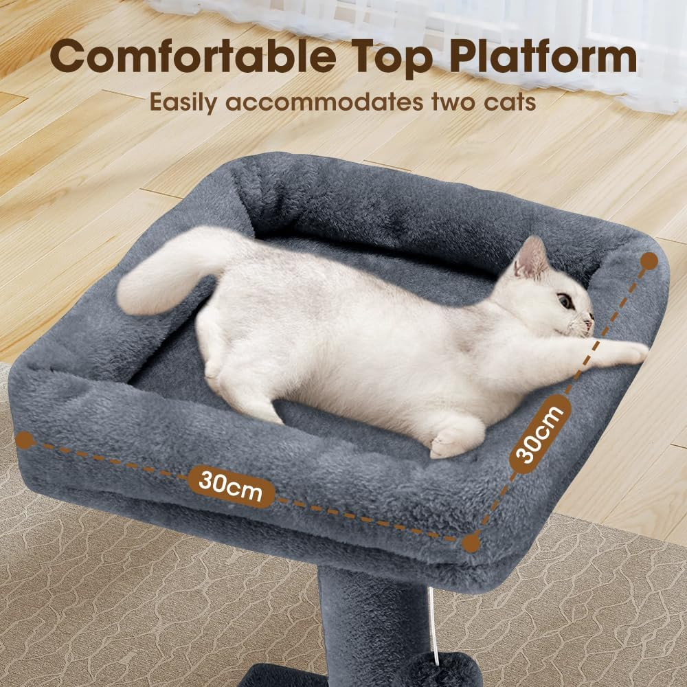 Cat Tower, 125Cm Cat Tree for Indoor Large Cats, Multi-Level Condo with Ladder, Hideaways, Pompoms and Toy, Dark Grey image number 5
