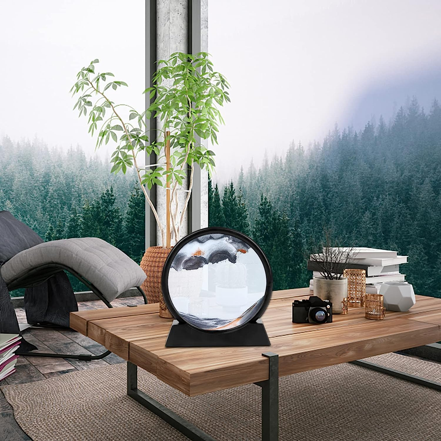 Flowing Sand 3D Natural Landscape Dynamic Art, round Glass Deep Sea Sandscape for Home Ornament, Desktop Art, Bookshelves Decoration (Black, 7 Inches) - 7,Black image number 3