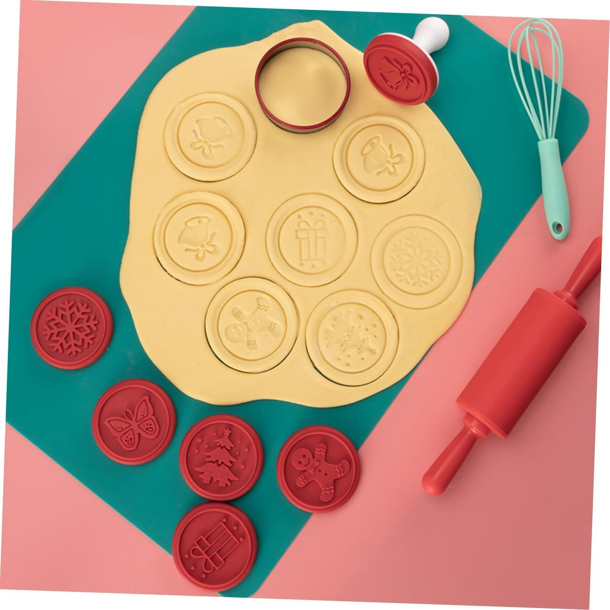 1Set Christmas Cookie Seal Hand Press Baking Molds Biscuit Cutters Christmas Patterns and Handle Reusable Silicone Stamp Kit for Holiday Baking image number 1