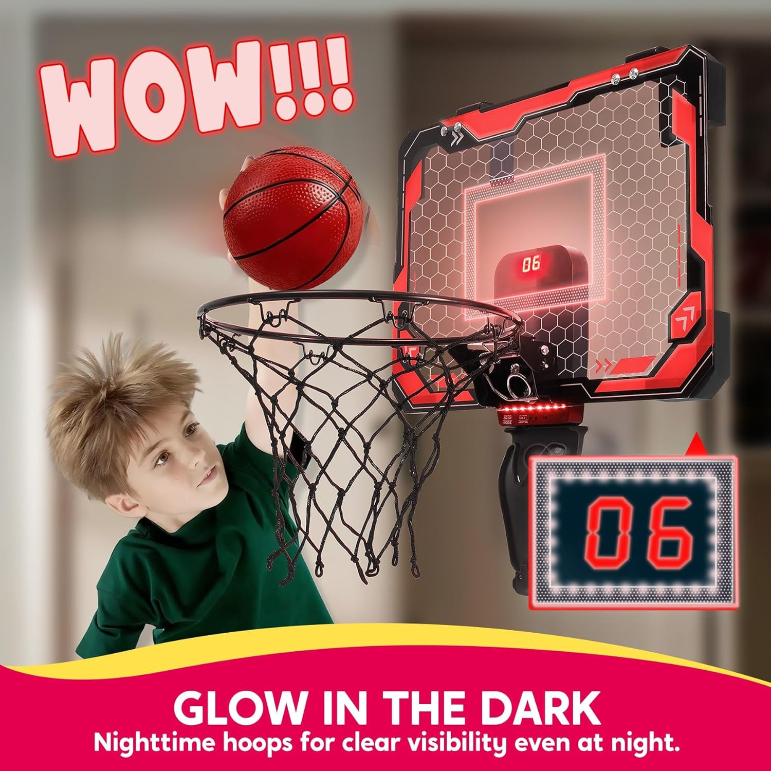 SYNCFUN Mini Indoor Basketball Hoop, Light up over the Door Basket Ball Hoop for Kids with Scoreboard, 4 Balls, Indoor Basketball, Birthday Gifts Toys for Boys Girls Ages 3+ (Red) image number 2