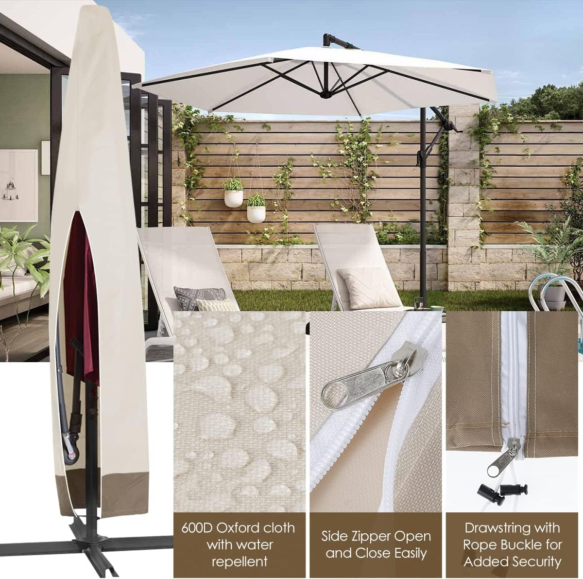 Patio Umbrella Cover Outdoor 600D Oxford Cloth Waterproof Umbrella Covers with Storage Bag Garden Parasol Cover with Drawstring for Outdoor Umbrellas (1, Beige+Coffee) image number 1