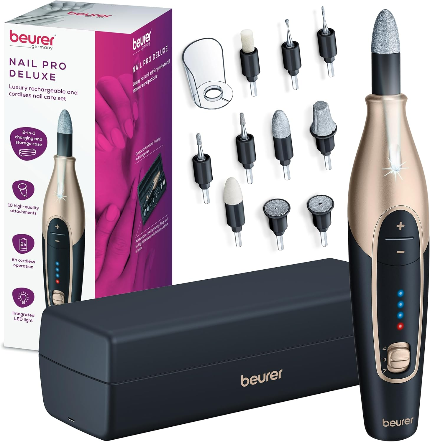 Beurer MP 84 Special Edition Manicure Pedicure Set Electric Nail File with Battery 10 Tips LED Light with Storage Case up to 4400 RPM Nail Cutter for Hand and Foot Care Black image number 5