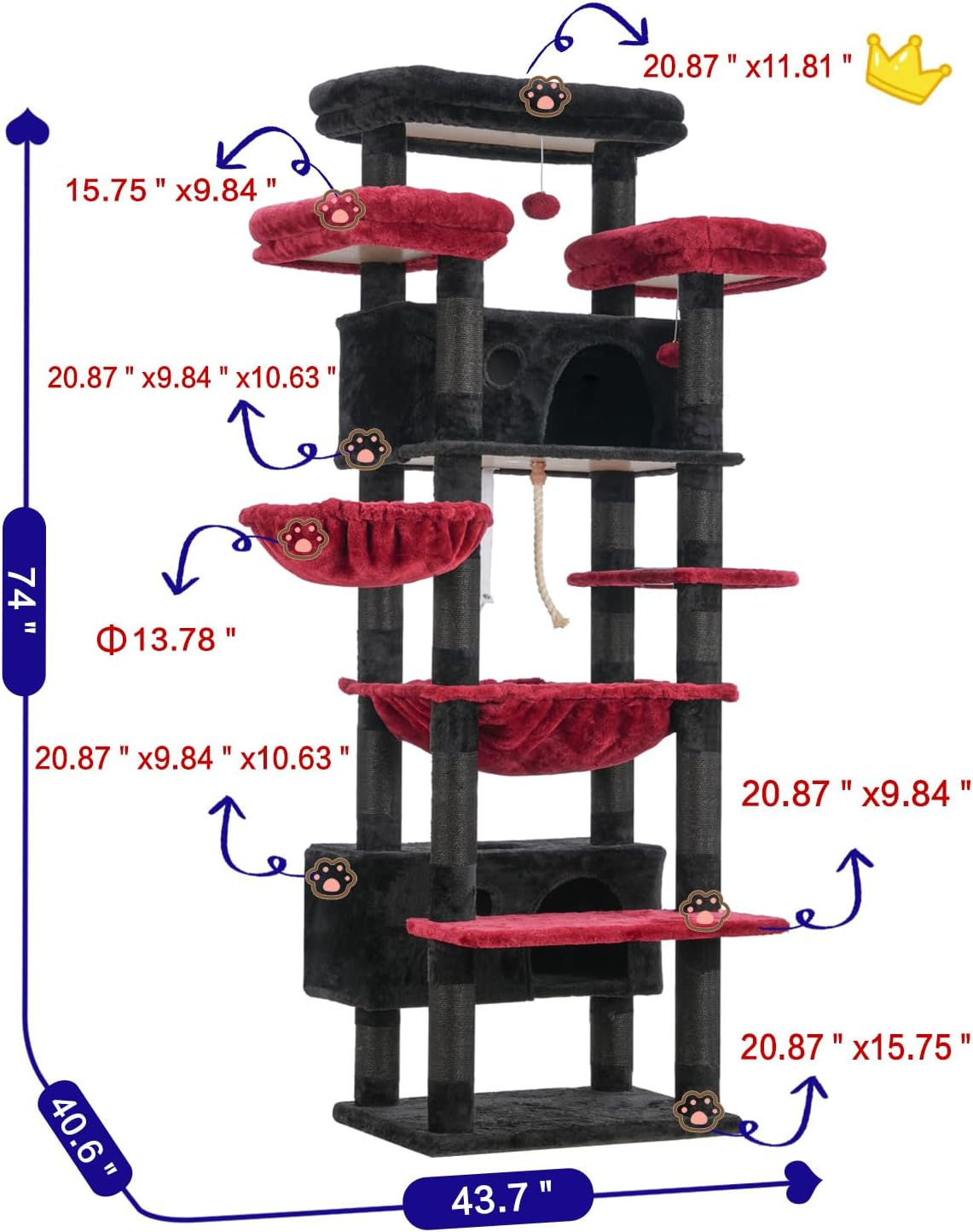 Cat Tree for Indoor Cats Large Adult, 188Cm Cat Tower for with 3 Big Platforms, 2 Baskets, 2 Condos, Multi-Level Cat Scratching Posts, Black and Red GCT030BR