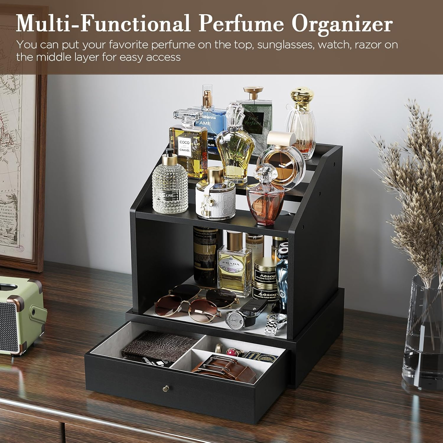 Cologne Organizer for Men, Large Capacity Perfume Organizer with Drawer, Cologne Storage Perfume Display Stand, Wooden Cologne Holder for Dresser, Black image number 3