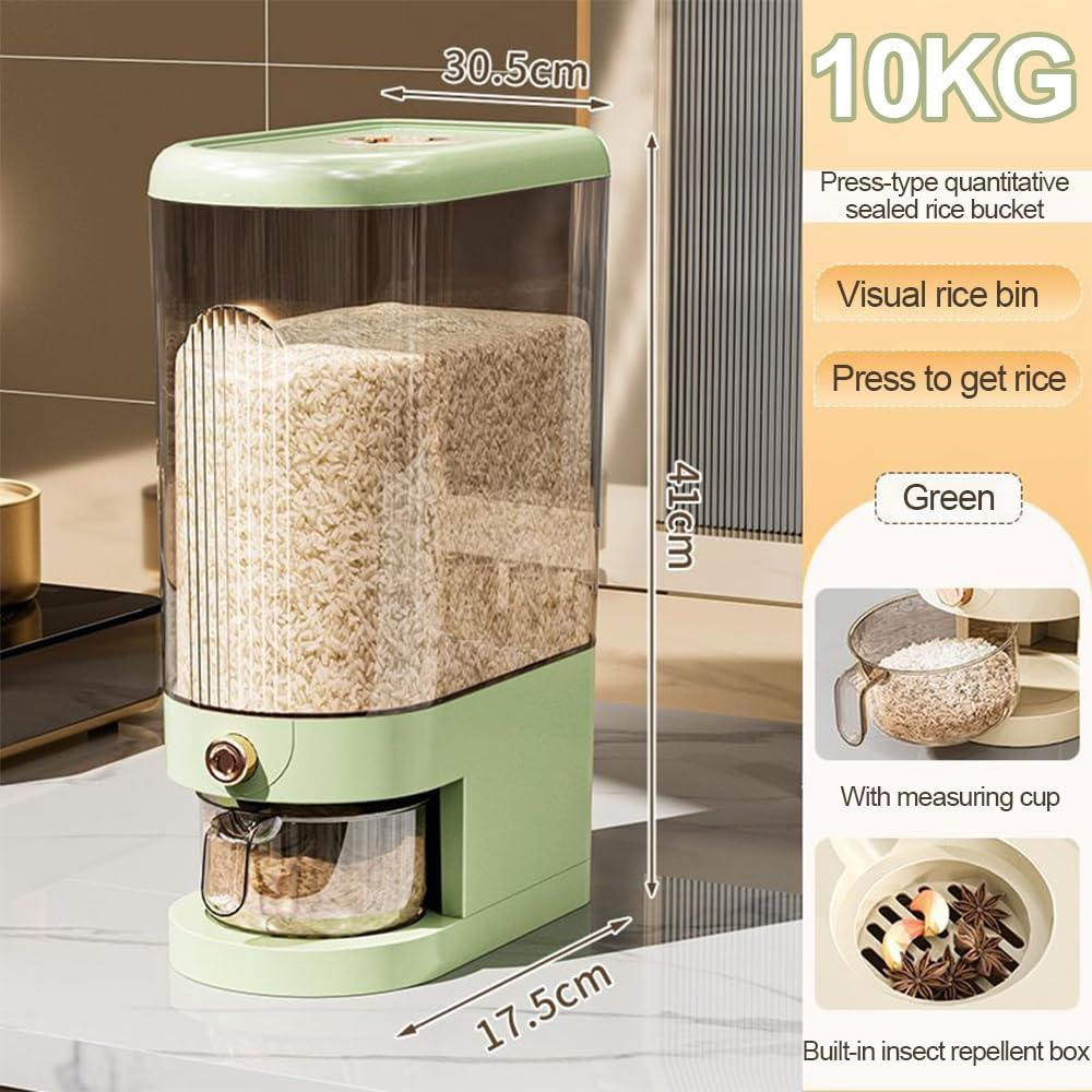 Rice Dispenser, Grain Container Storage, Measuring Cylinder with Lid, Sealed Rice Jar, Household Rice and Flour Drawer, Rice Storage Box, Grain Dispenser Barrel for Kitchen (Green, 10 KG)