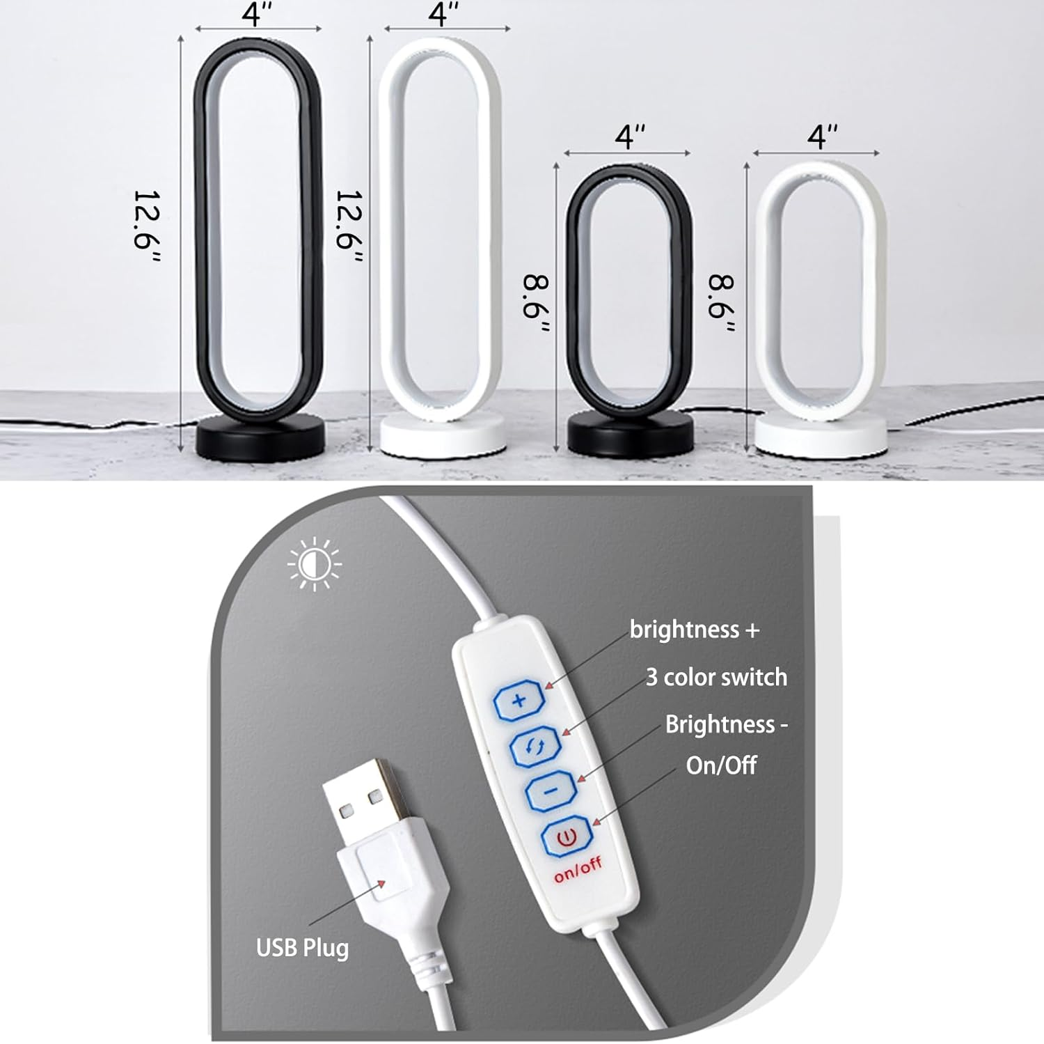 Small Modern Bedside Table Lamp, LED Oval Bedside Night Light, 3 Color Temperatures and 10 Brightness Levels, 8.6'' Desk Lamp for Bedroom, Living Room, Reading Lamp, Home Decoration, White image number 3