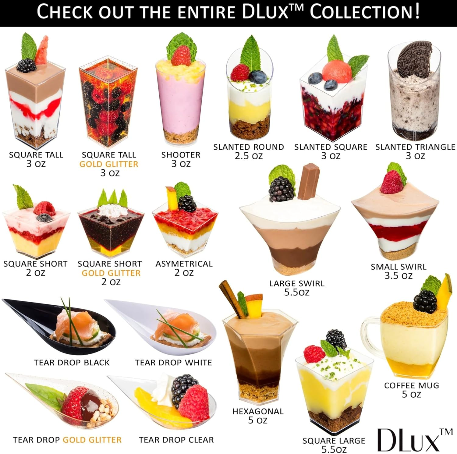 Dlux Mini Dessert Cups with Spoons (105 Ml X 50 Pcs) Clear Plastic Parfait Appetizer Cups, Square Medium 3.5 Oz Small Reusable Bowl for Party Desserts Appetizers - with Recipe Ebook image number 6