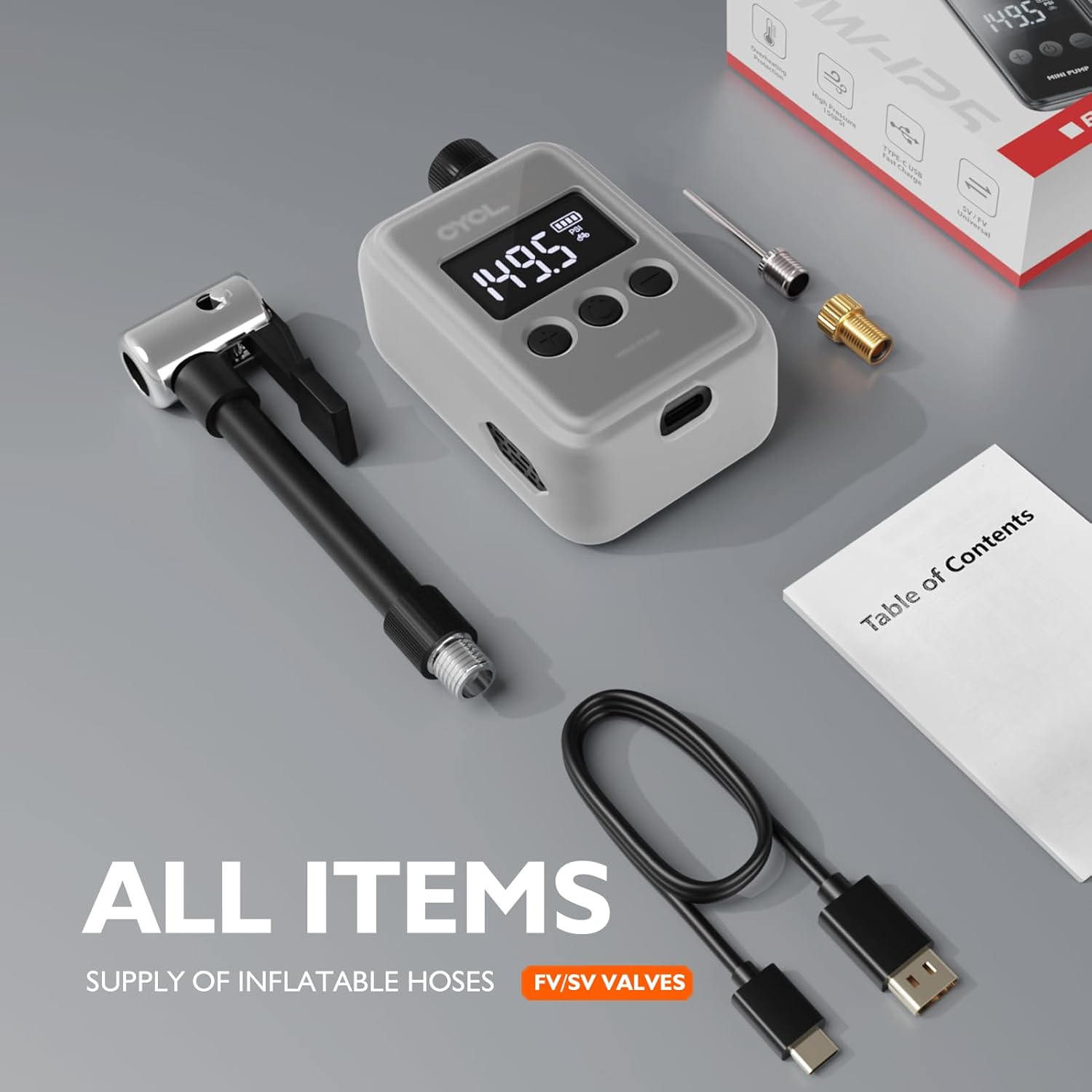 Electric Bike Pump, CYCLAMI Mini Bike Pump 150 PSI Electric Bicycle Air Pump with Digital Pressure Gauge Inflator Portable Air Compressor Presta/Schrader Valve image number 4