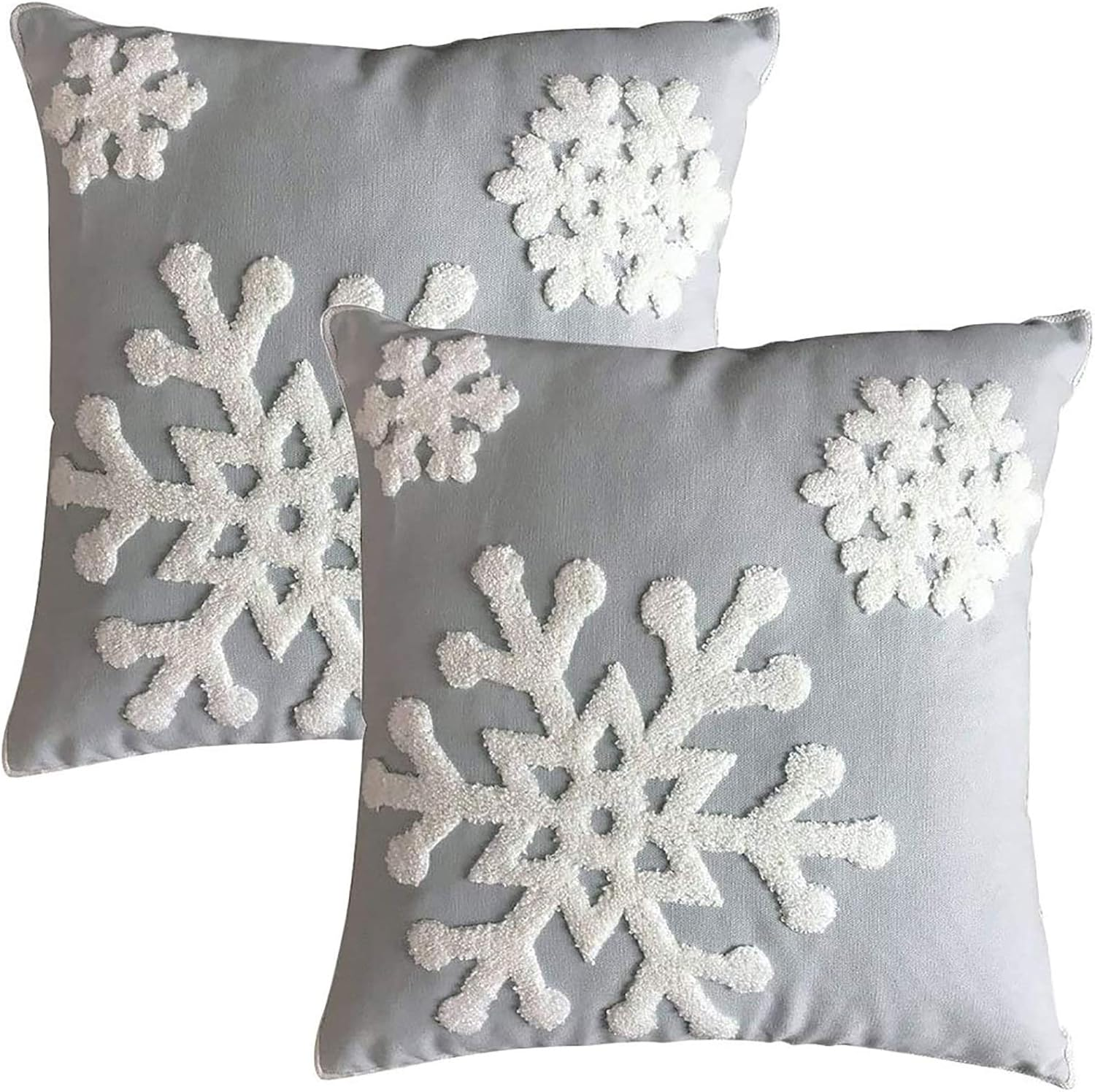 E.Life 18X18 Soft Canvas Christmas Winter Snowflake Style Cotton Linen Embroidery Throw Pillows Covers W/Invisible Zipper for Bed Sofa Cushion Pillowcases for Kids Bedding (1 Pair White)