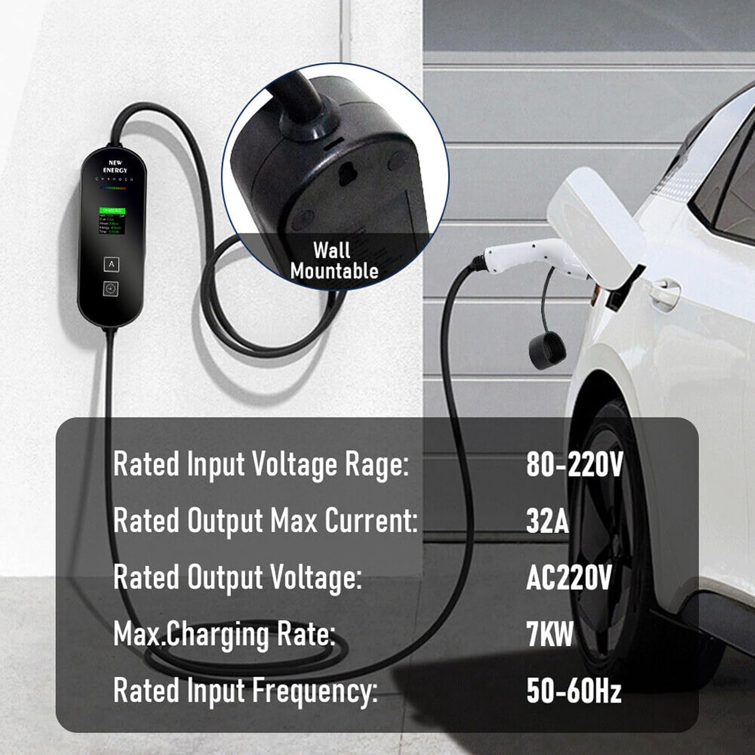 Type 2 EV Charger 32A 7KW, Single Phase EV Home Charger 8A-32A Adjustable Current with Portable Carry Bag/Lcd Display/3 PIN Plug, Geartronics Electric Vehicle Charging Station