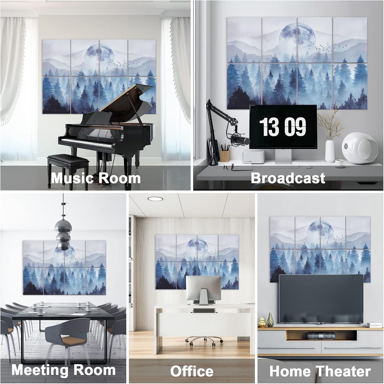 Tutmyrea Art Acoustic Panels, 48" X 32" Self-Adhesive Sound Proofing Padding 8 Pack Acoustical Soundproof Wall Panels, Decorative Sound Absorbing Panels for Home Office (Moon Misty Forest) image number 4