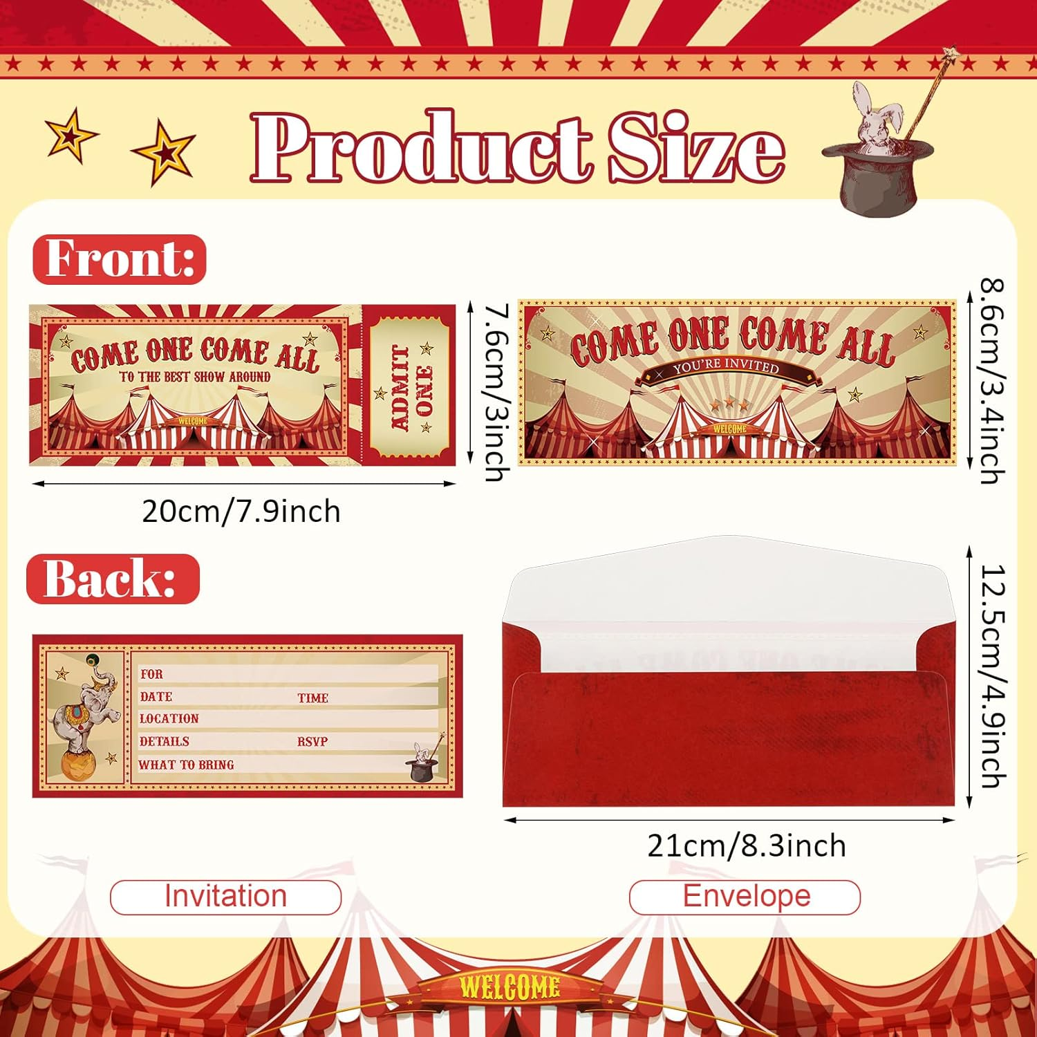 Fuutreo 50 Pcs Circus Invitations with Envelopes Vintage Circus Party Invitations Themed Circus Birthday Invitation Cards Double Sided Party Ticket Invites Cards for Children Circus Party Supplies