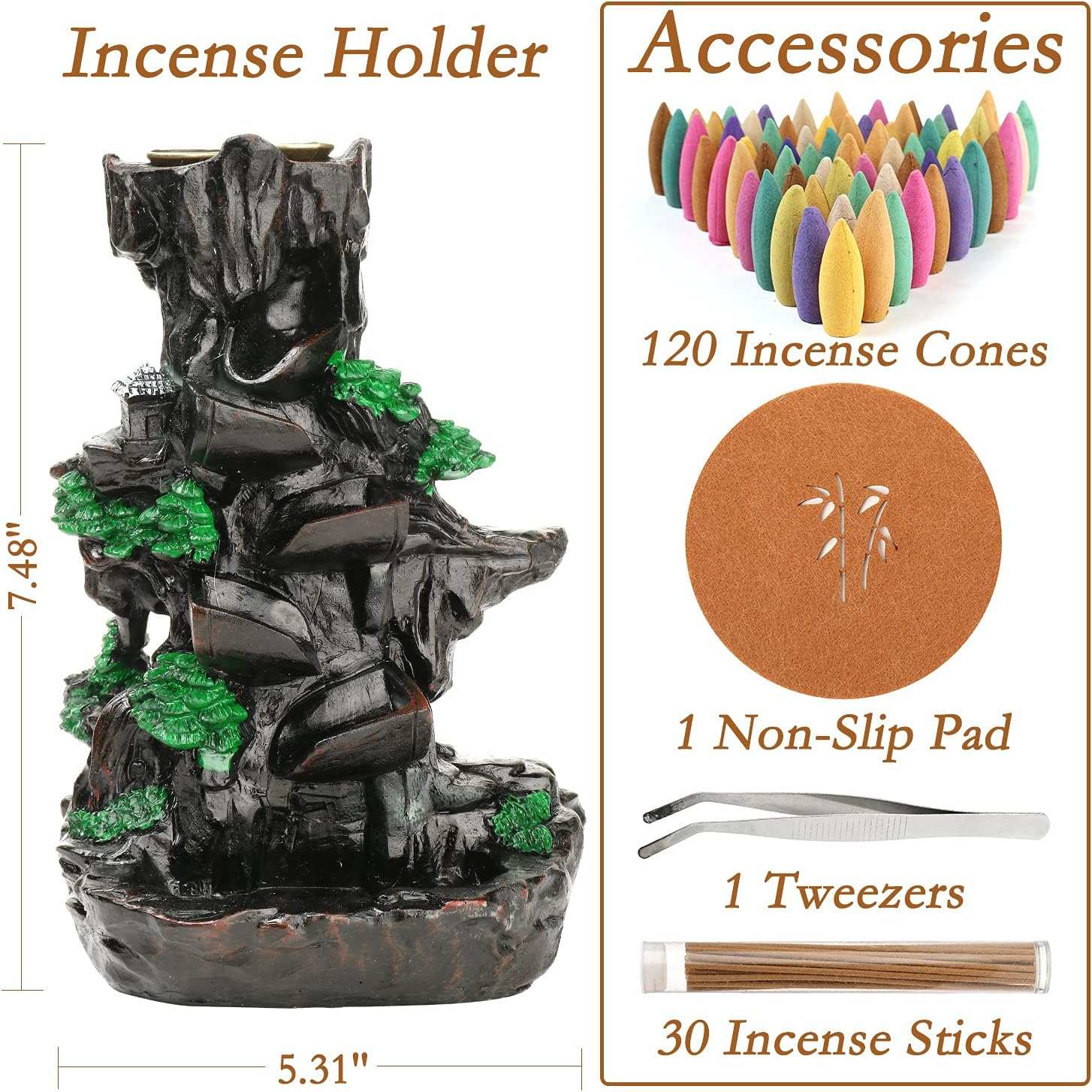 XUDREZ Mountain Backflow Incense Holder Resin Waterfall Incense Burner Incense Cones Holder Home Decor Gifts with 120Pcs Incense Cones image number 6