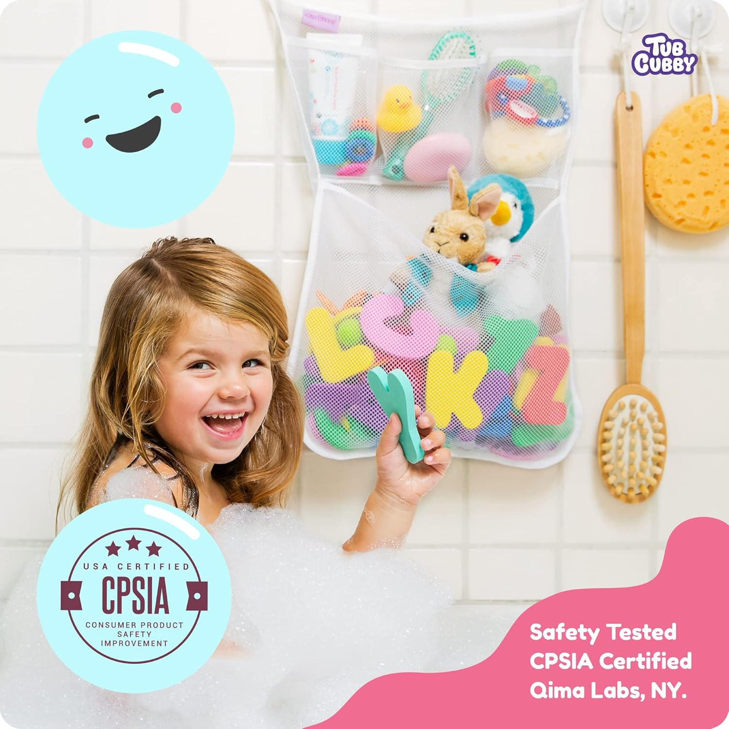 Original Tub Cubby Bath Toy Storage for Baby Toys with Suction & Adhesive Hooks, 14X20 Mesh Net Shower Caddy for Bathtub Toys, 36 ABC Soft Foam Letters & Numbers - Bonus Rubber Duck & Hooks image number 3