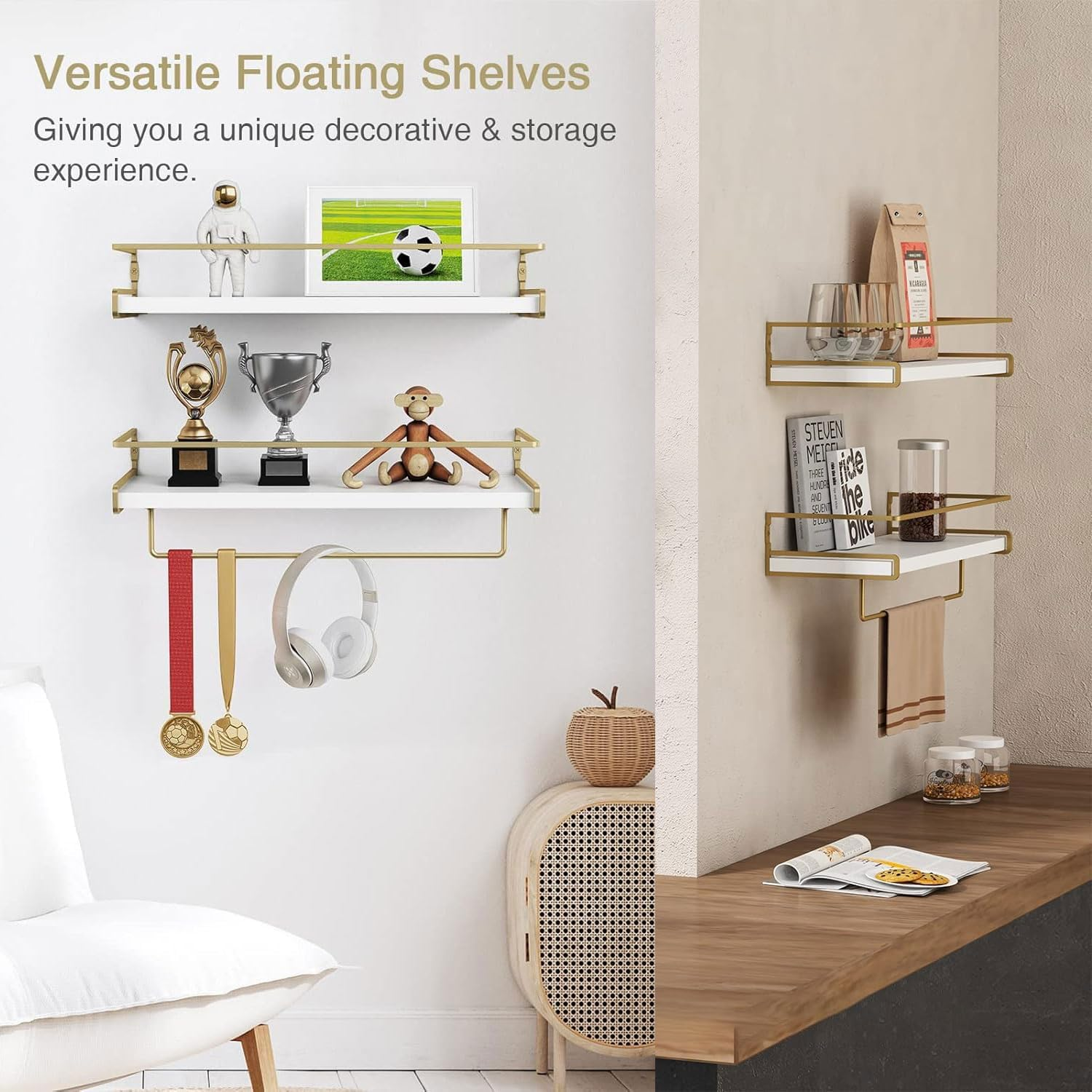 Floating Shelves Set of 2, Wall-Mounted Wooden Shelves with Golden Towel Rack, Decorative Storage Shelves for Bathroom, Kitchen, Living Room, Durable & Stylish image number 5