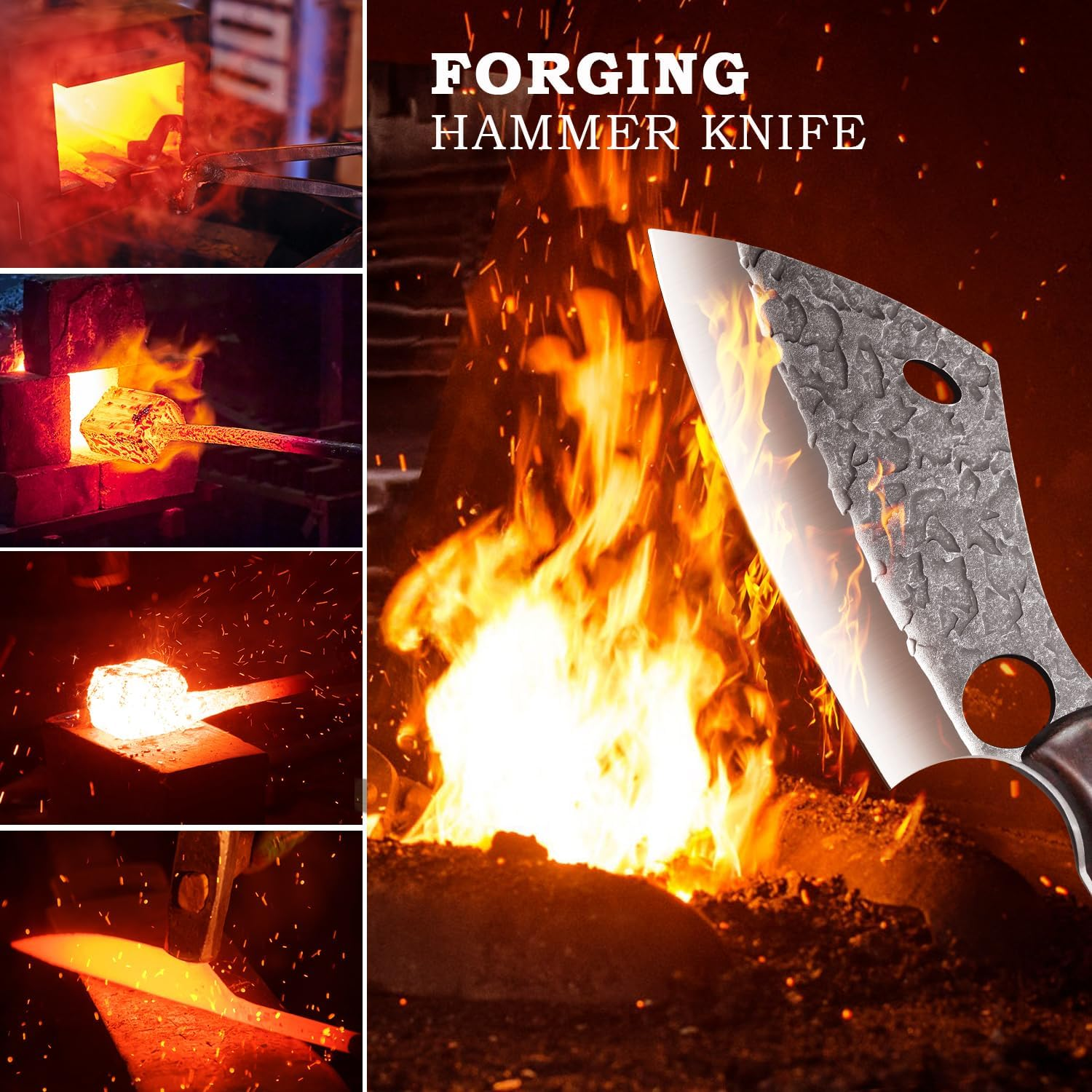 Boning Knife - Uniquefire 6 Inch Butcher Knife, Hammered Forged Chef Cleaver, Handmade Serbian Knife, Full Tang Kitchen Knife, High Carbon Blade Knife with Sheath for Hunting, BBQ, Camping image number 3