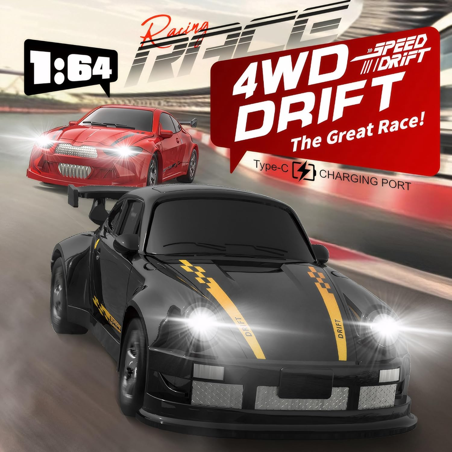 Mini RC Drift Car with Lights, 1:64 4WD 2.4Ghz Full Proportional Remote Control Car for Kids Adults (Black) image number 3