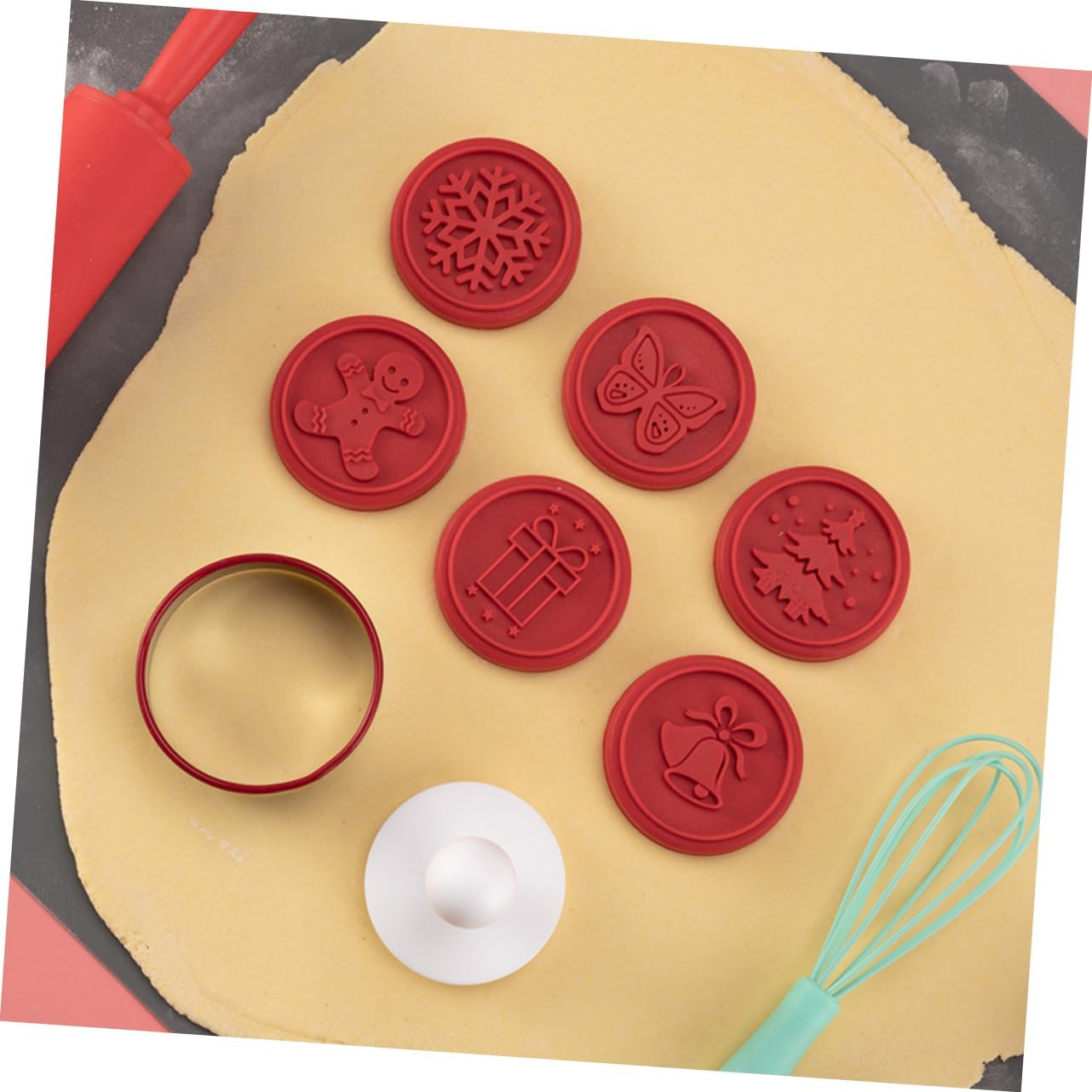 1Set Christmas Cookie Seal Hand Press Baking Molds Biscuit Cutters Christmas Patterns and Handle Reusable Silicone Stamp Kit for Holiday Baking image number 4