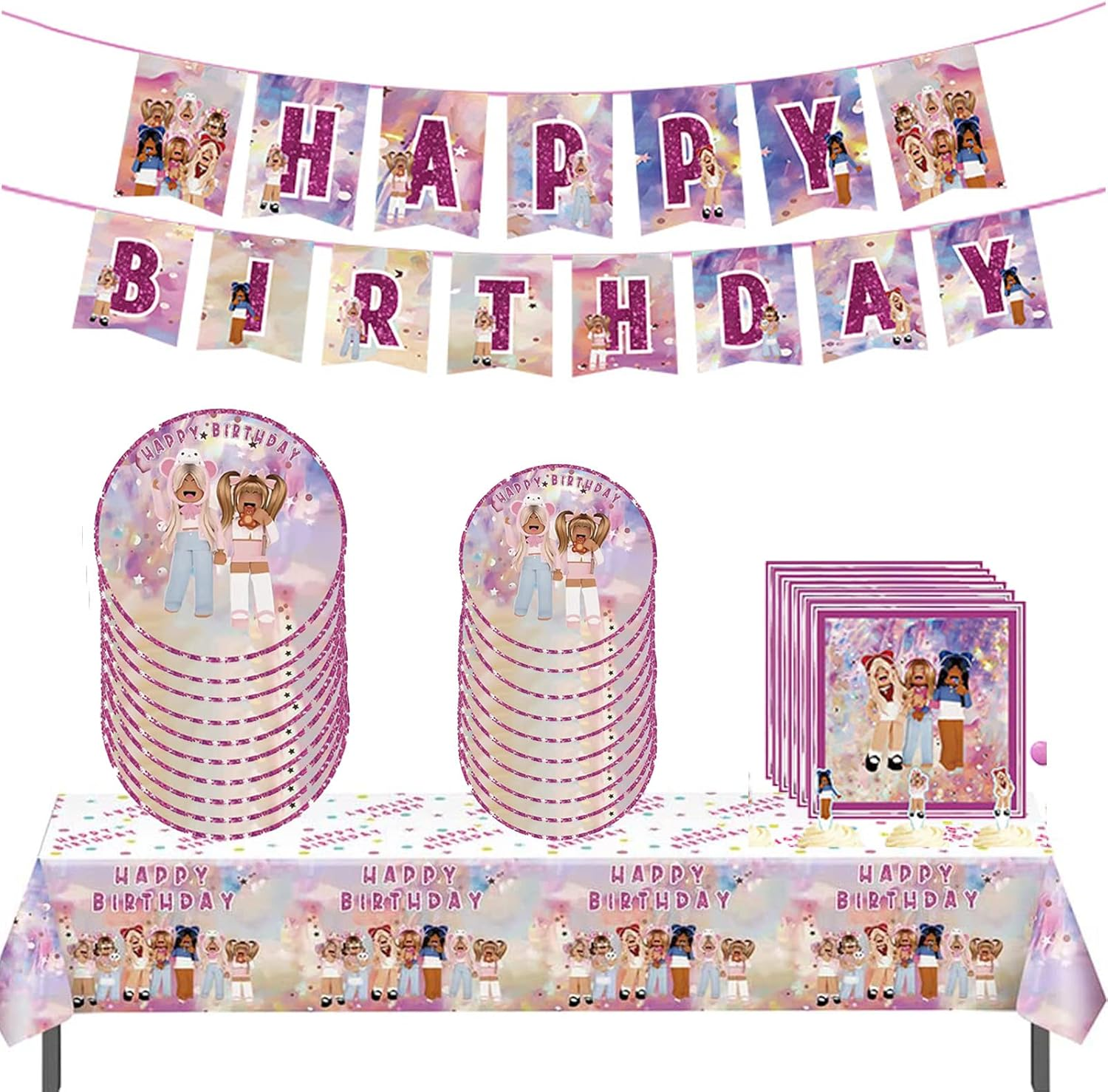 Robot Girls Party Birthday Supplies, Girls Game Theme Party Tableware with Happy Birthday Banner, Tablecloth, Disposable 7" Paper Plates with Napkins for Fans Party Supplies Decorations image number 1