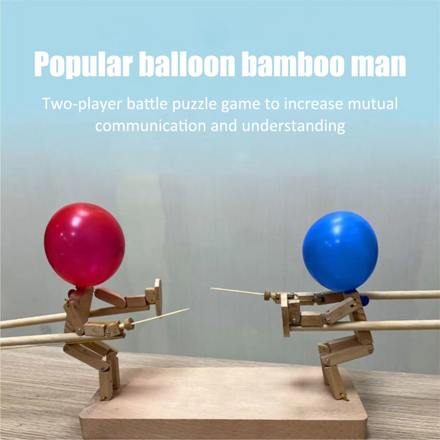 Balloon Bamboos Man Battle 2-Person Wooden Robot Battle Game Handmade Wooden DIY Bamboo Man Fghting Toy Handmade Wooden Fencing Puppets Fast-Paced Balloon Fight Whack a Balloon Party Games