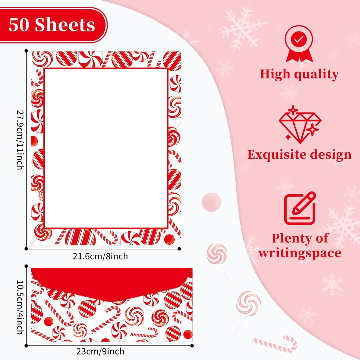 50 Pcs Peppermint Party Letterhead with Envelopes Candy Cane Christmas Border Computer Paper Stationery Paper for Note Letters to Santa Invitations Office School Printing 8.5 X 11 In image number 5