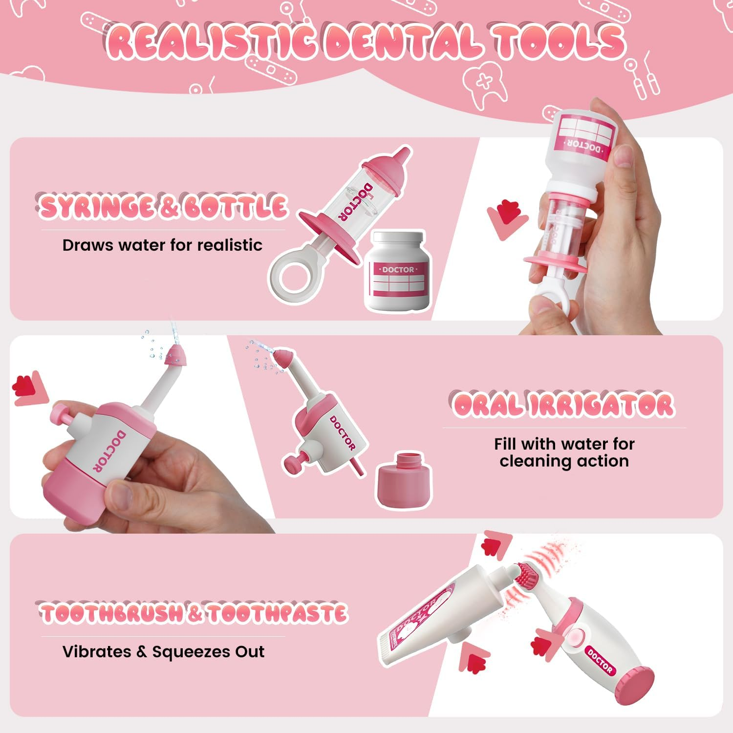 Toy Doctor Kit for Toddlers, Kids Dentist Play Set with Dentist Chair, Doll Toy, Stethoscope, Large Carrying Storage Bag, Dental Accessories, Pretend Doctor Play Medical Gift Kit for Girls Pink image number 5