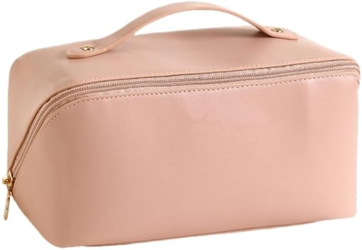 Travel Makeup Bag, Large Capacity Cosmetic Bags for Women, Waterproof Portable Pouch Open Flat Toiletry Bag, Make up Organizer with Divider and Handle (Pink)