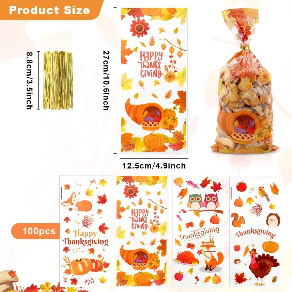 Thanksgiving Treat Bags 100 Pack - Fall Cellophane Goodie Bags with Maple Leaves Pumpkin Design - Candy Gift Bags with Twist Ties for Autumn Party Favor Supplies Decoration image number 3