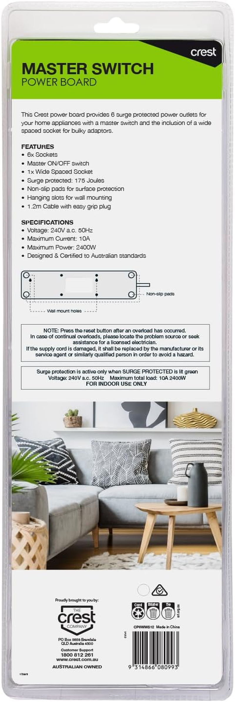 Crest Power Board 6 Socket 1 Switch Surge Protected 1.2M image number 4