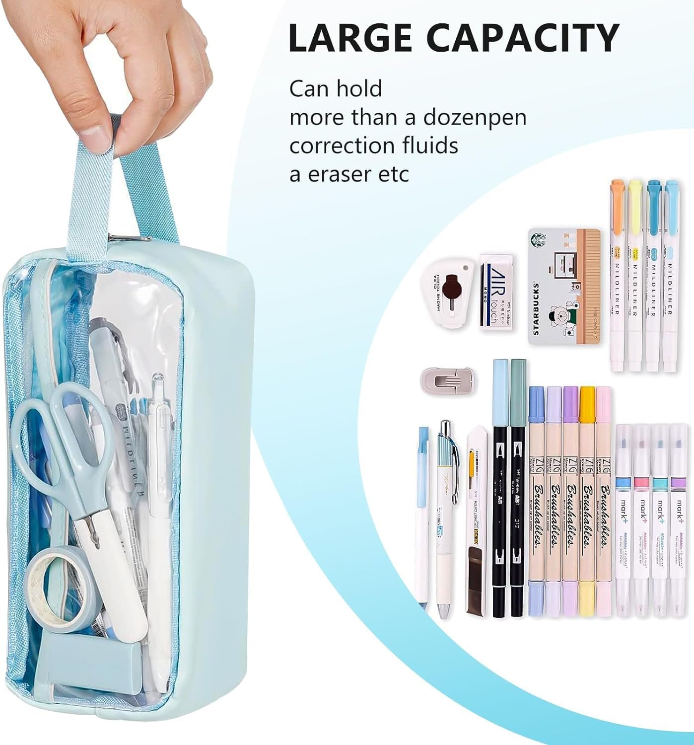 2 Pcs Large Capacity Pencil Case, Waterproof PVC Zippered Toiletries Storage Pouch, Cosmetic Makeup Storage Bag, Clear Pencil Case for Girls Boys, Home, School, Office (Blue) image number 1