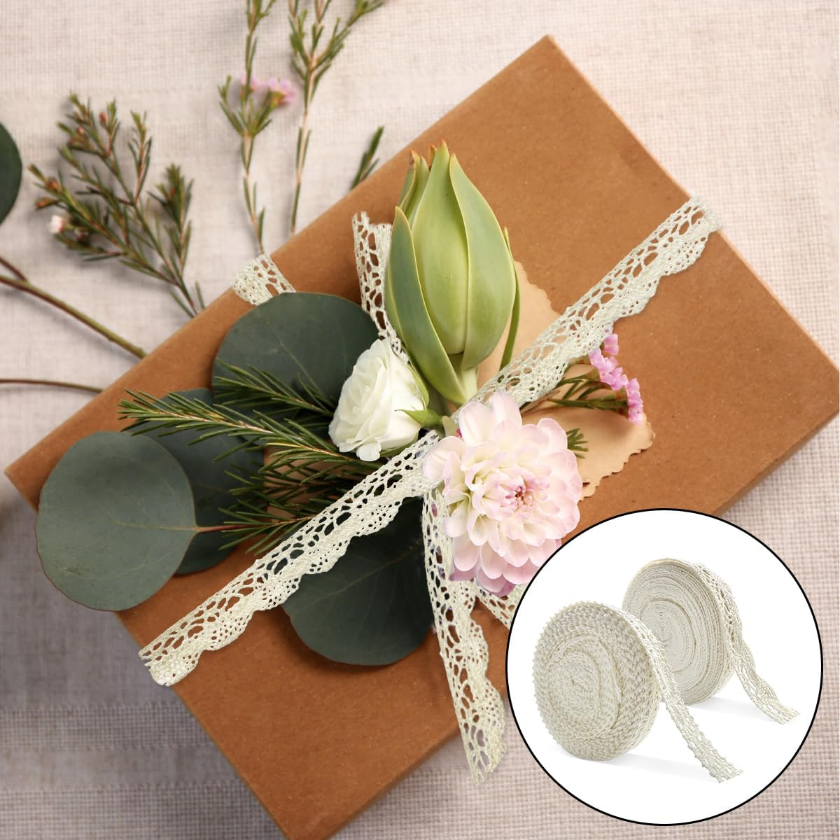 Lace Trim, 2 Rolls Vintage Sewing Crochet Lace Ribbon for DIY Sewing Craft, Scrapbooking, Bridal Wedding Decoration (20Yd, 2 Style) image number 5