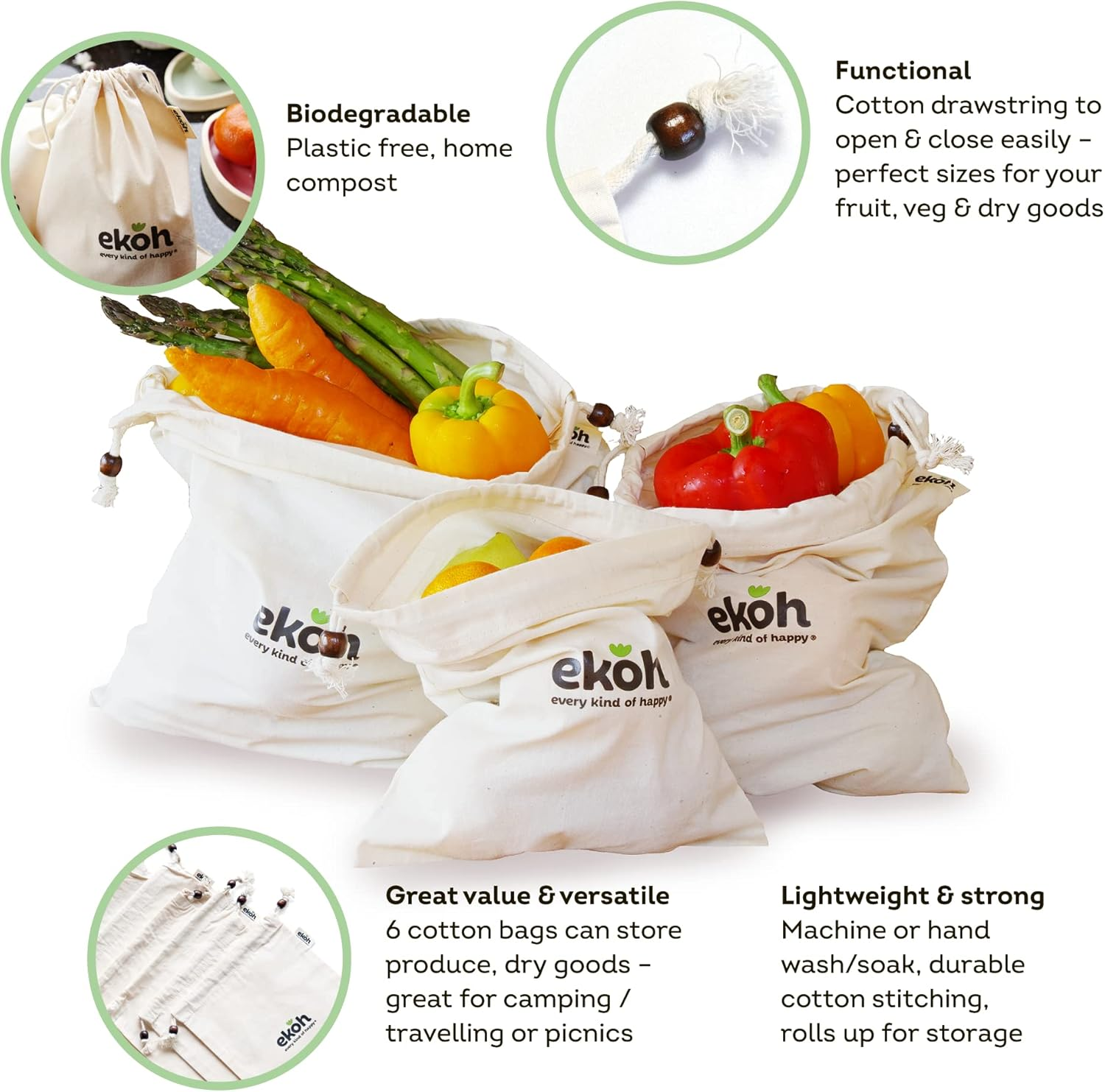 EKOH Reusable Produce Bags | Set of 6 Washable Organic Cotton Drawstring Bags | Double Stitched Muslin Shopping Bag | Bread, Onions, Fruit Veggie Grocery Storage Bags - 3 Size (2S, 2M, 2L) image number 1