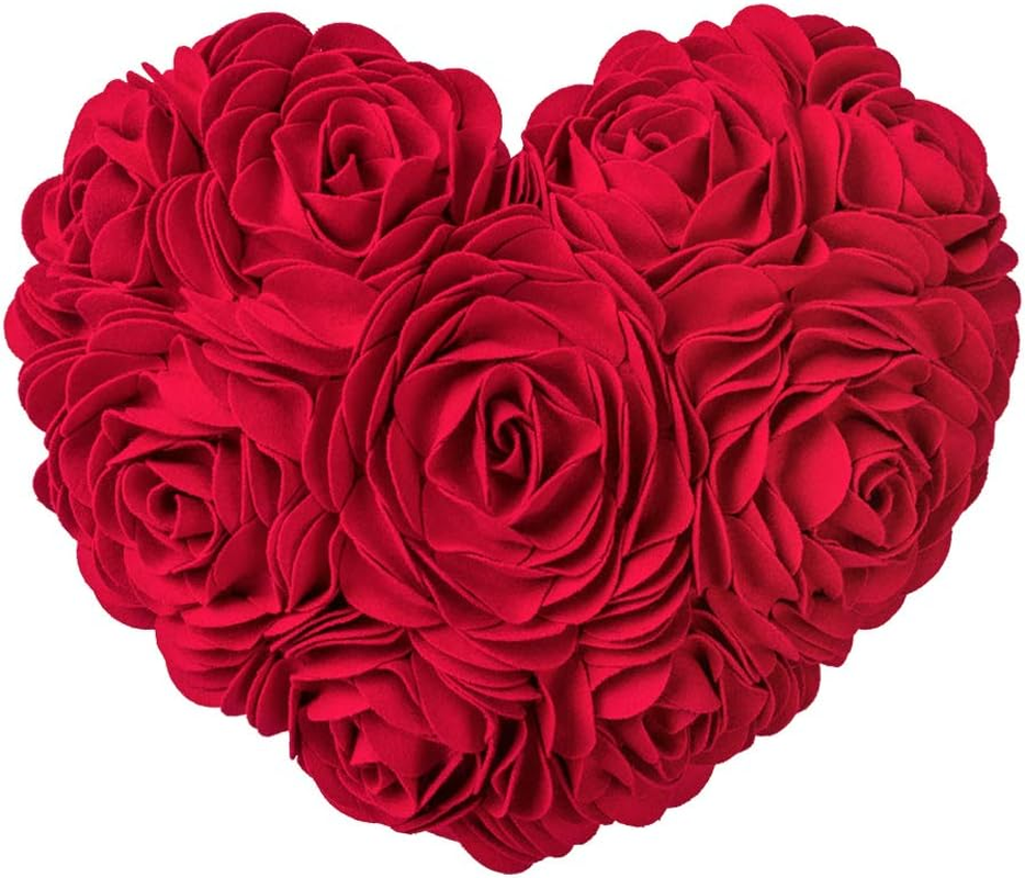 JW 3D Rose Flowers Accent Pillows Decorative Wool Heart Shaped Handmade Cushions for Home Sofa Car Bed Room Office Chair Wedding Travel Decor Pillowcases Girl Gifts 13 X 16 Inch Red