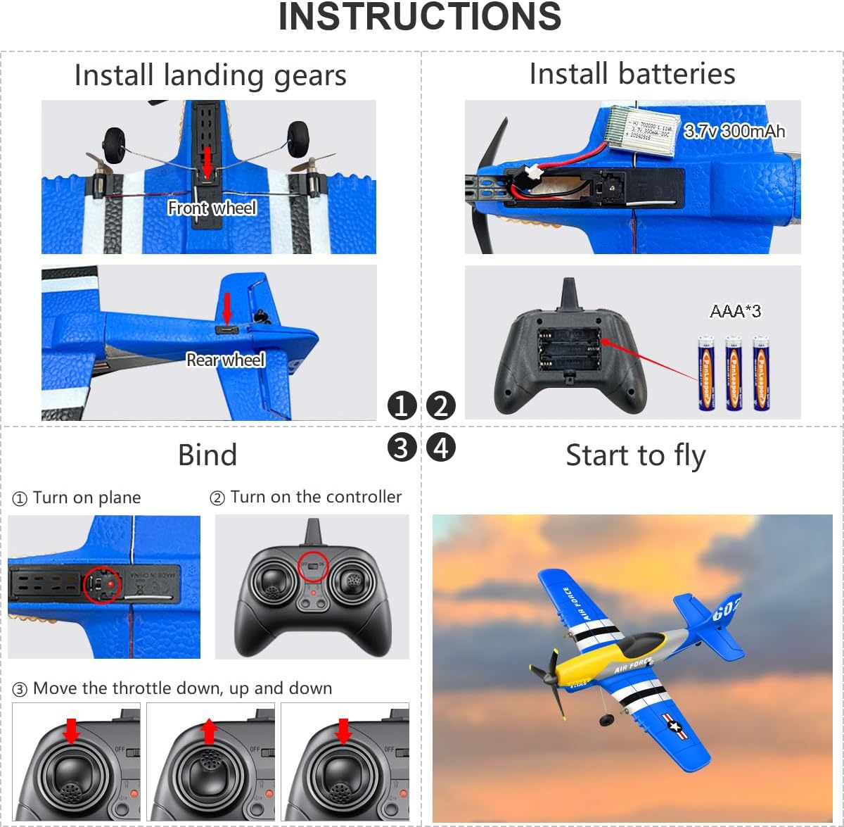 HAWK'S WORK 3 Channel RC Plane P-51D Mustang, Remote Control Airplane Ready to Fly, 2.4Ghz 6-Axis Gyro Stabilizer, Easy to Fly for Kids & Beginners image number 5