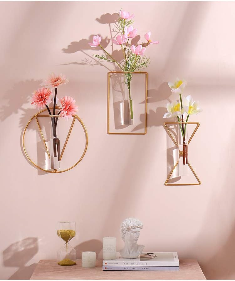 Nordic Hanging Wall Vase Geometric Gold Vase Metal Glass Vase Hydroponic Flower Vase Decorative for Centerpieces Farmhouse Wedding Home(Gold-R) image number 1