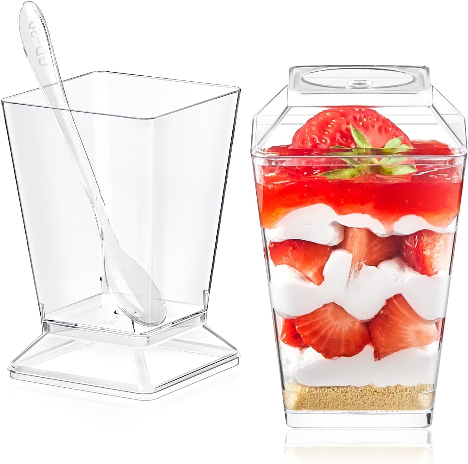 Qeirudu 50 Pack 5 Oz Square Dessert Cups with Lids and Spoons - Clear Plastic Parfait Cup, Mini Pudding Cups, Appetizer Shooter Glasses for Mousse Fruit Ice Cream image number 2