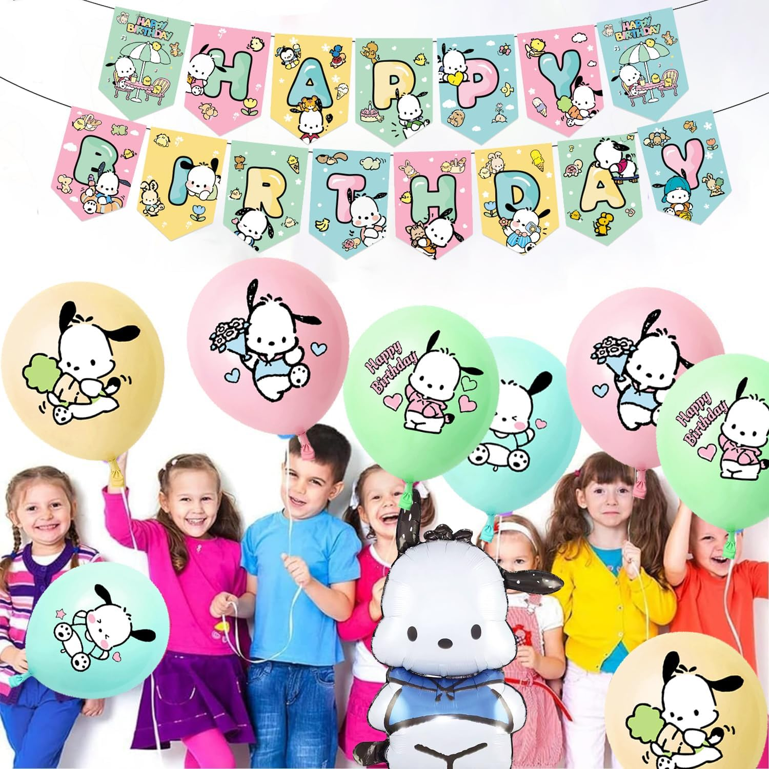 Pochacco Birthday Party Decorations, Kawaii Cartoon Party Supplies with Banner, Cupcake Cake Toppers and Foil Balloons Party Favors for Fans Birthday Background Decorations image number 2