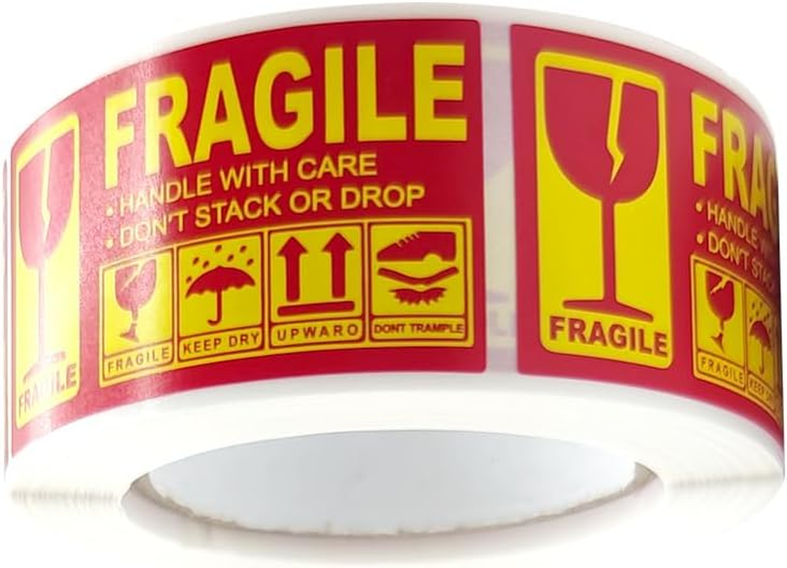 Shipping Labels Fragile Warning Sticker, 250Pcs 1 Roll 25 X 45Mm Labels, Warning Stickers with Notice Fragile Handle with Care, Keep Dry Upward Do Not Trample (Red) image number 2